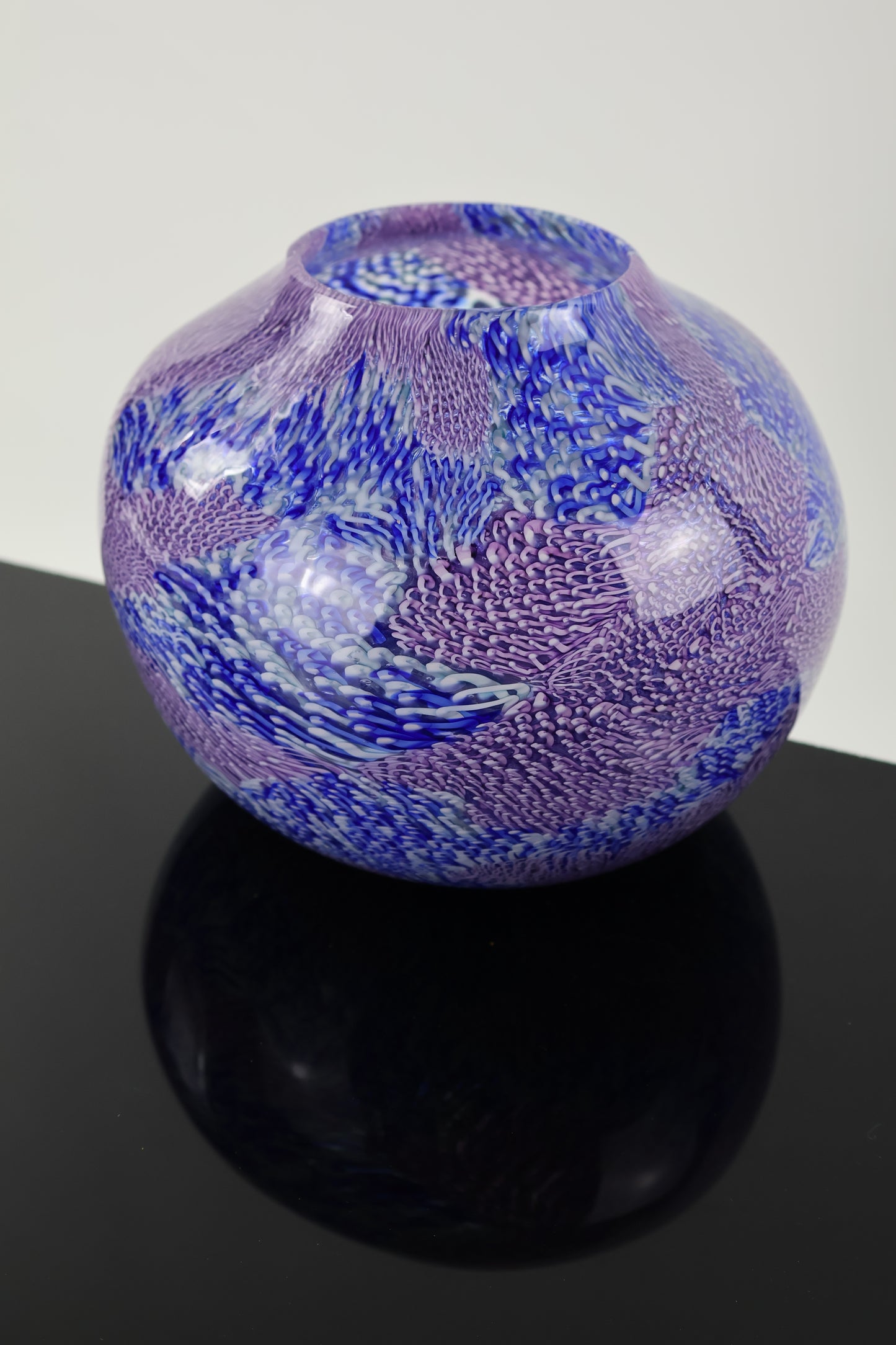 Handblown Blue, Pink, Purple and White Murrine Basket Vase