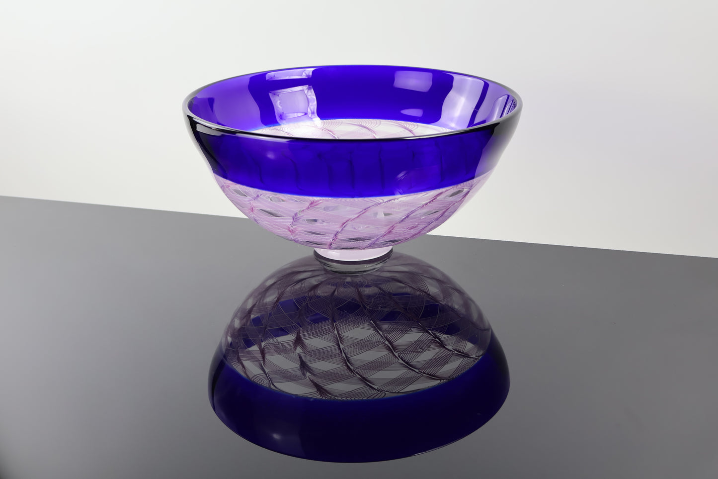 Handblown Blue Encalmo Footed Bowl with Pink Ribbon Canes