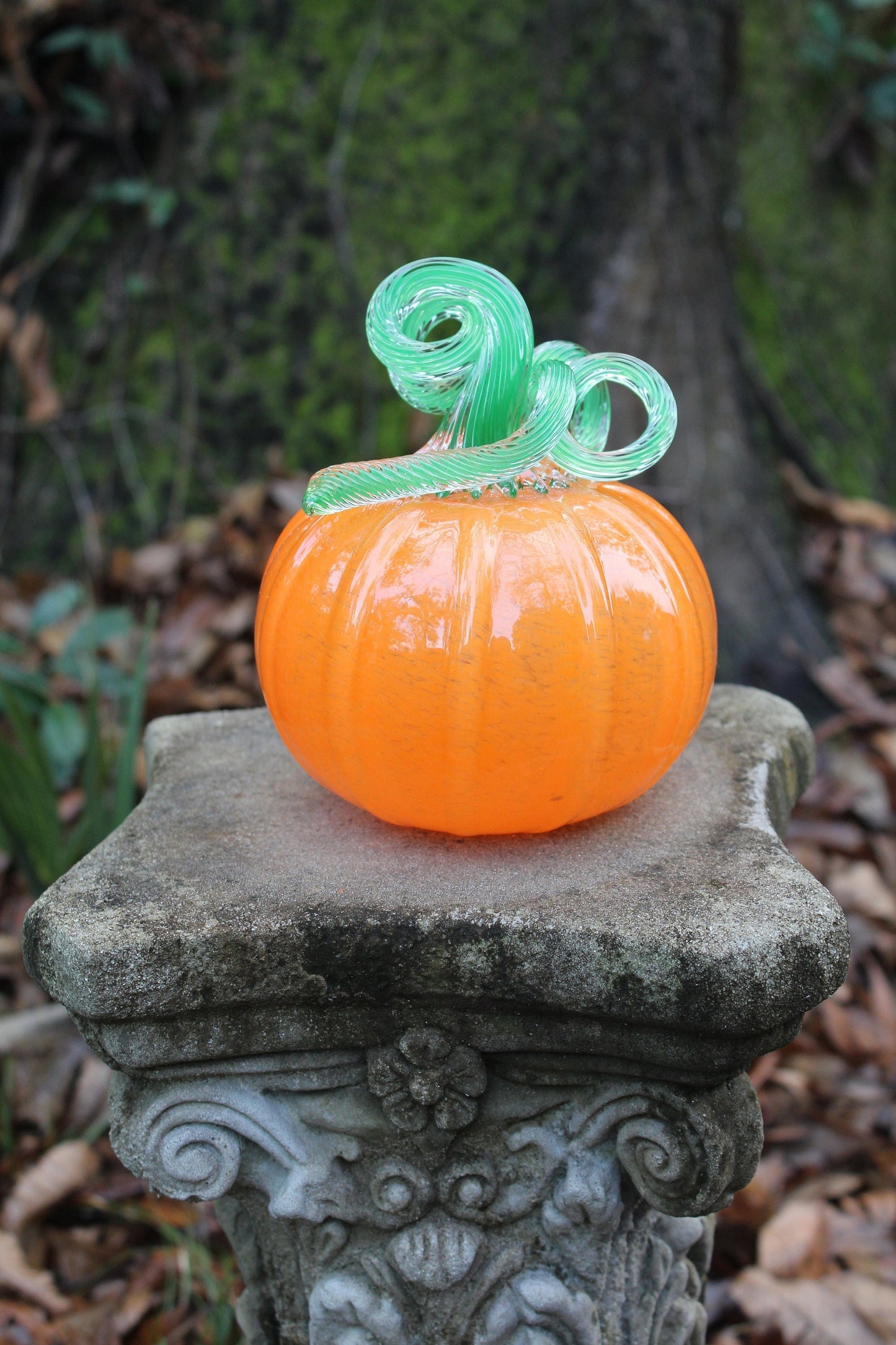 Traditional Orange and Green Handblown Decorative Glass Pumpkin