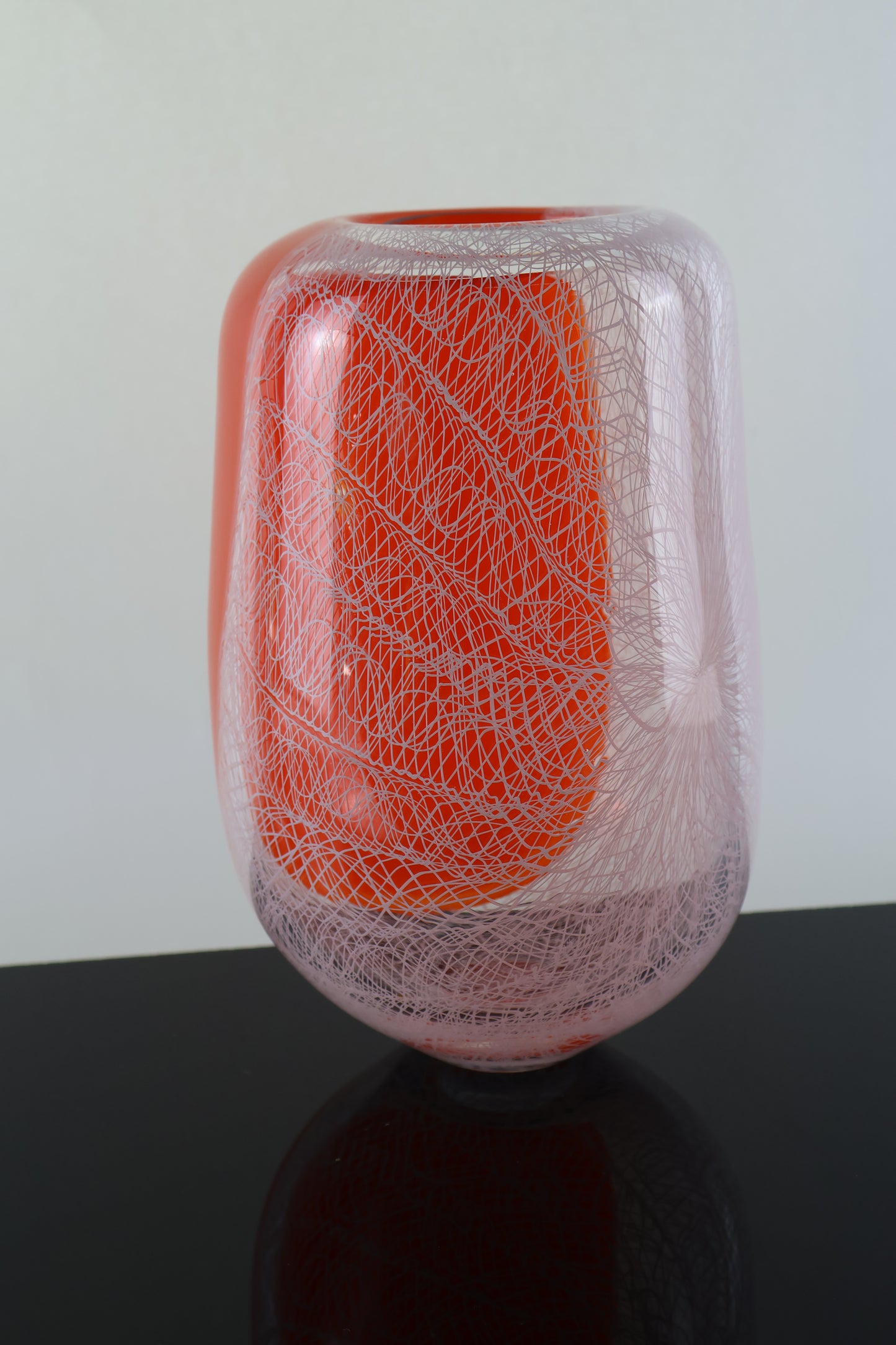Handblown Orange and White Merletto Switch Axis Rounded Vase