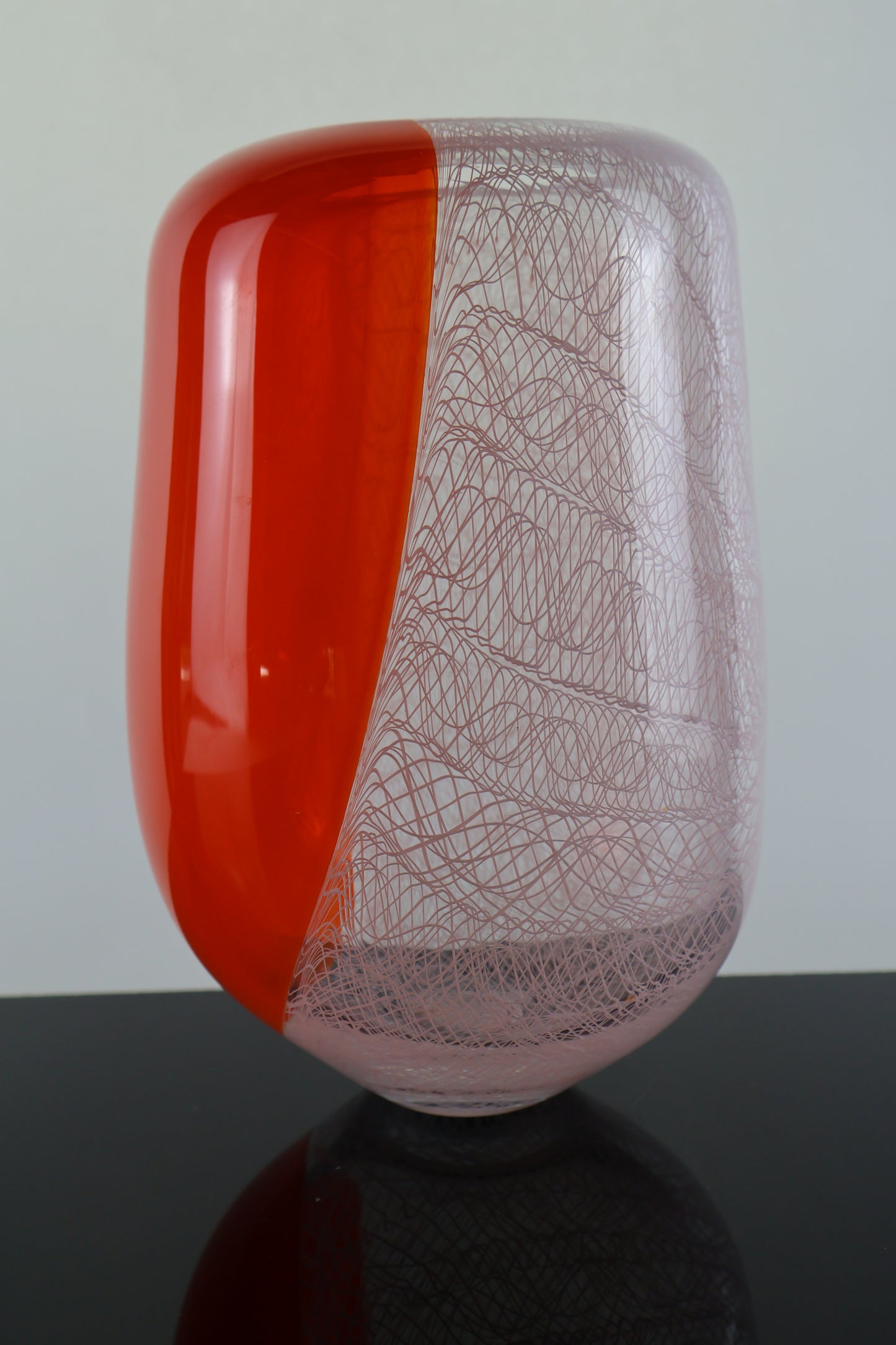 Handblown Orange and White Merletto Switch Axis Rounded Vase