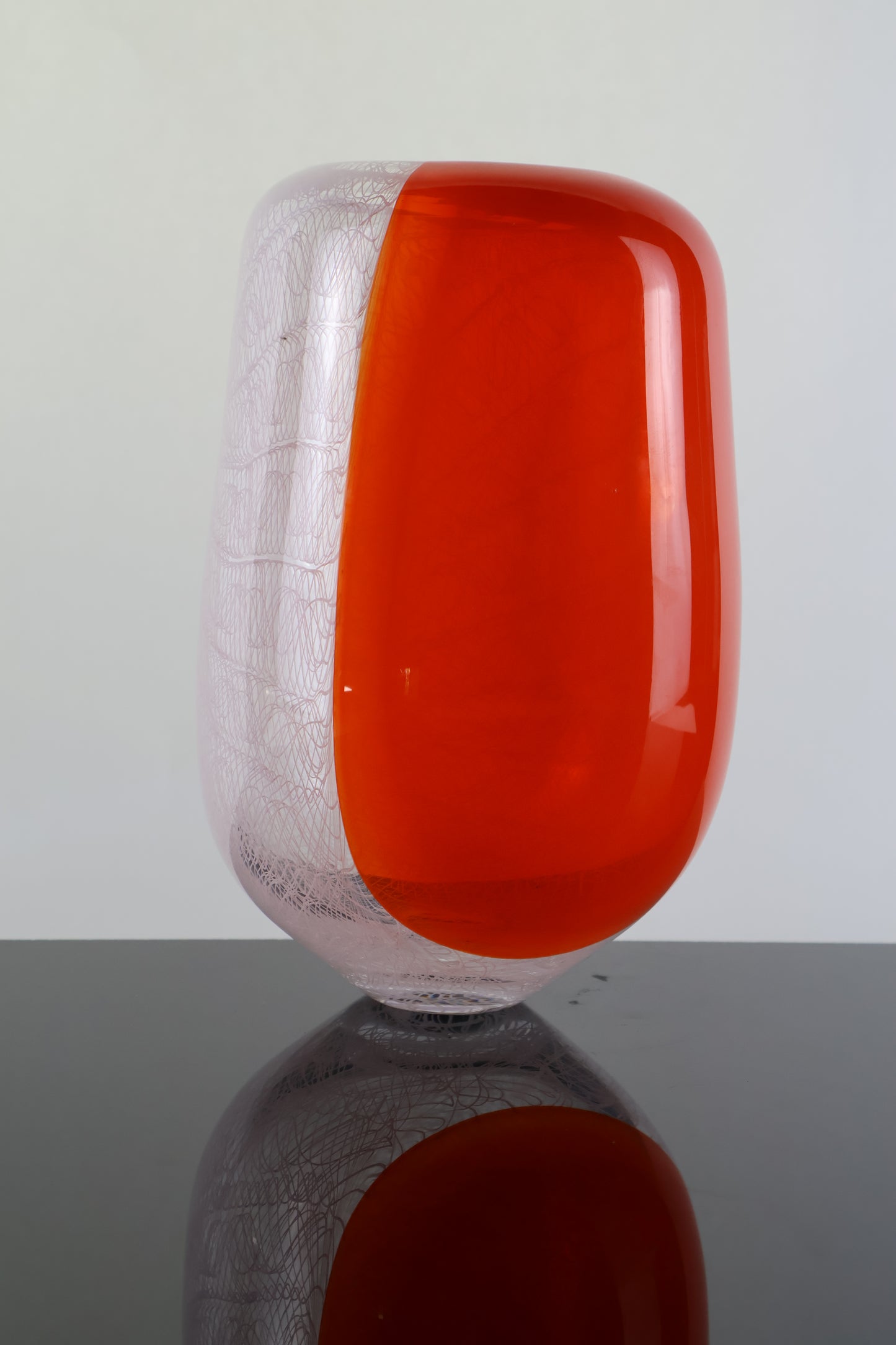 Handblown Orange and White Merletto Switch Axis Rounded Vase
