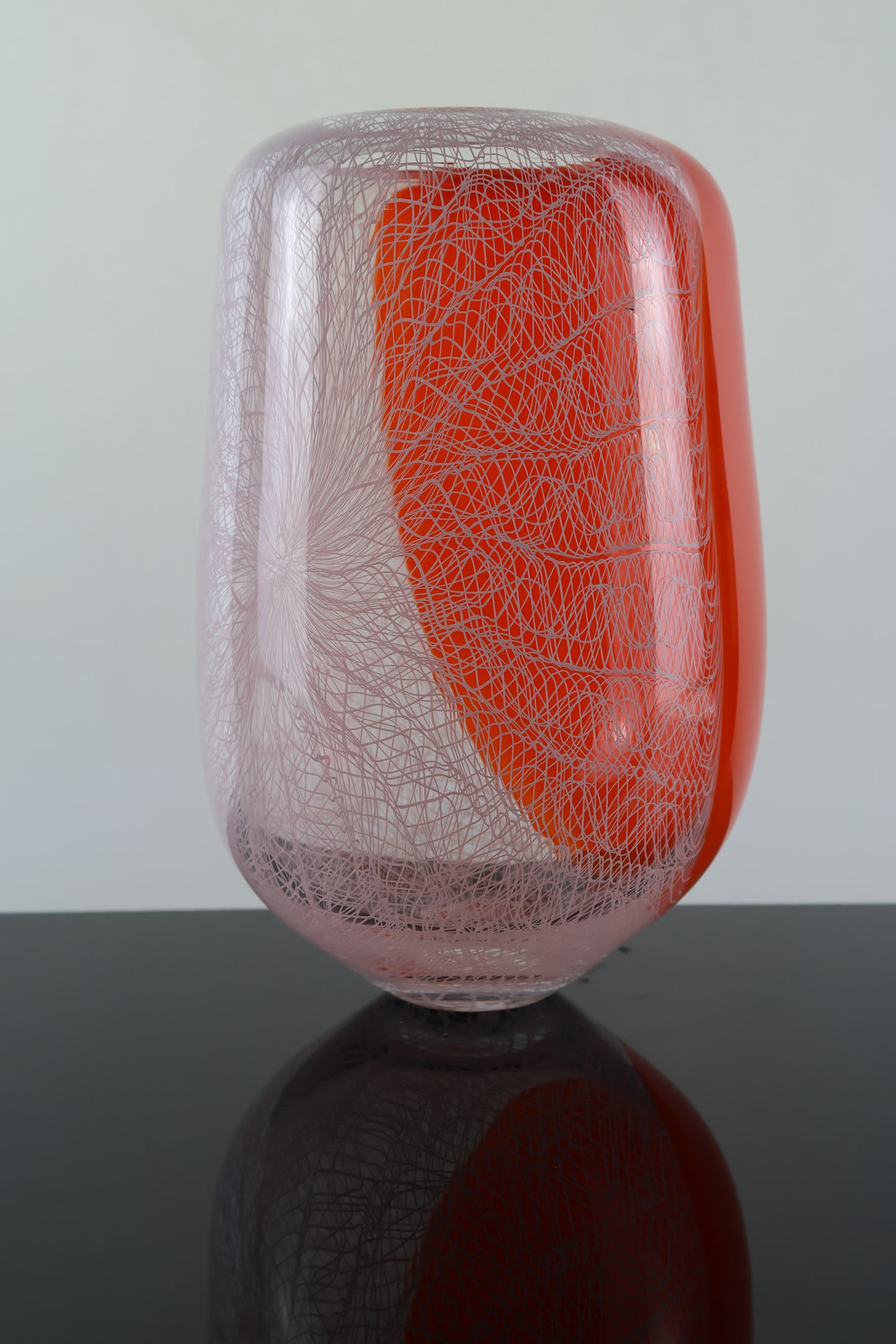 Handblown Orange and White Merletto Switch Axis Rounded Vase