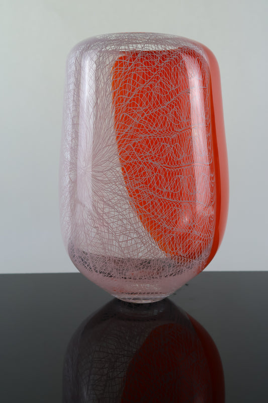 Handblown Orange and White Merletto Switch Axis Rounded Vase