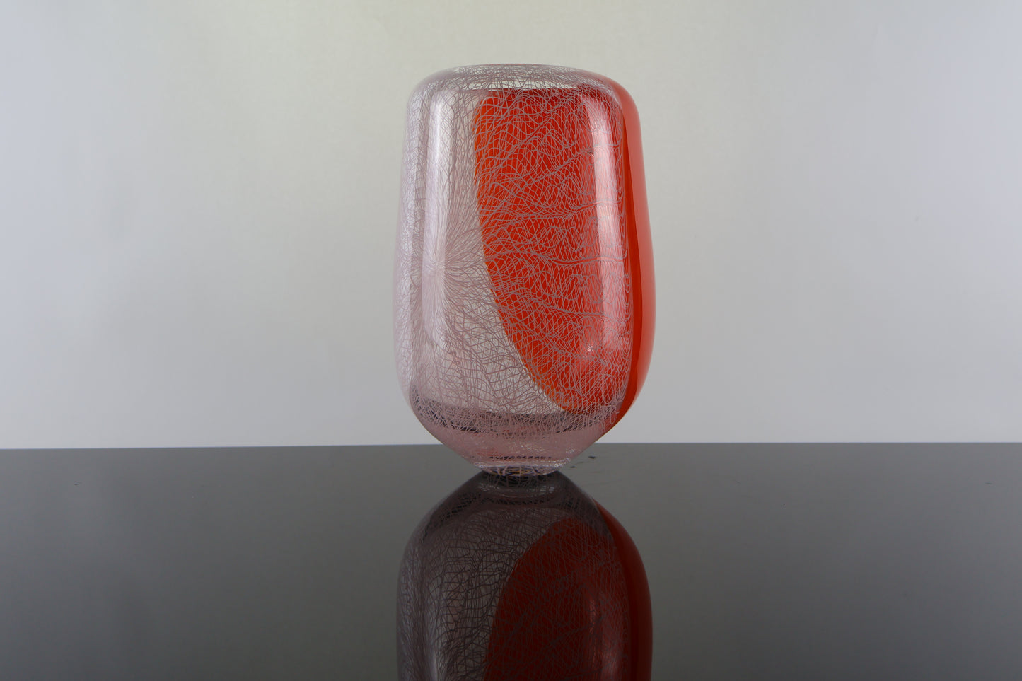 Handblown Orange and White Merletto Switch Axis Rounded Vase