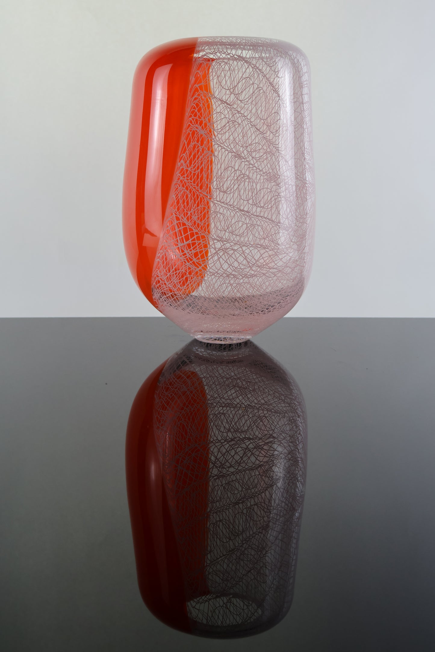 Handblown Orange and White Merletto Switch Axis Rounded Vase