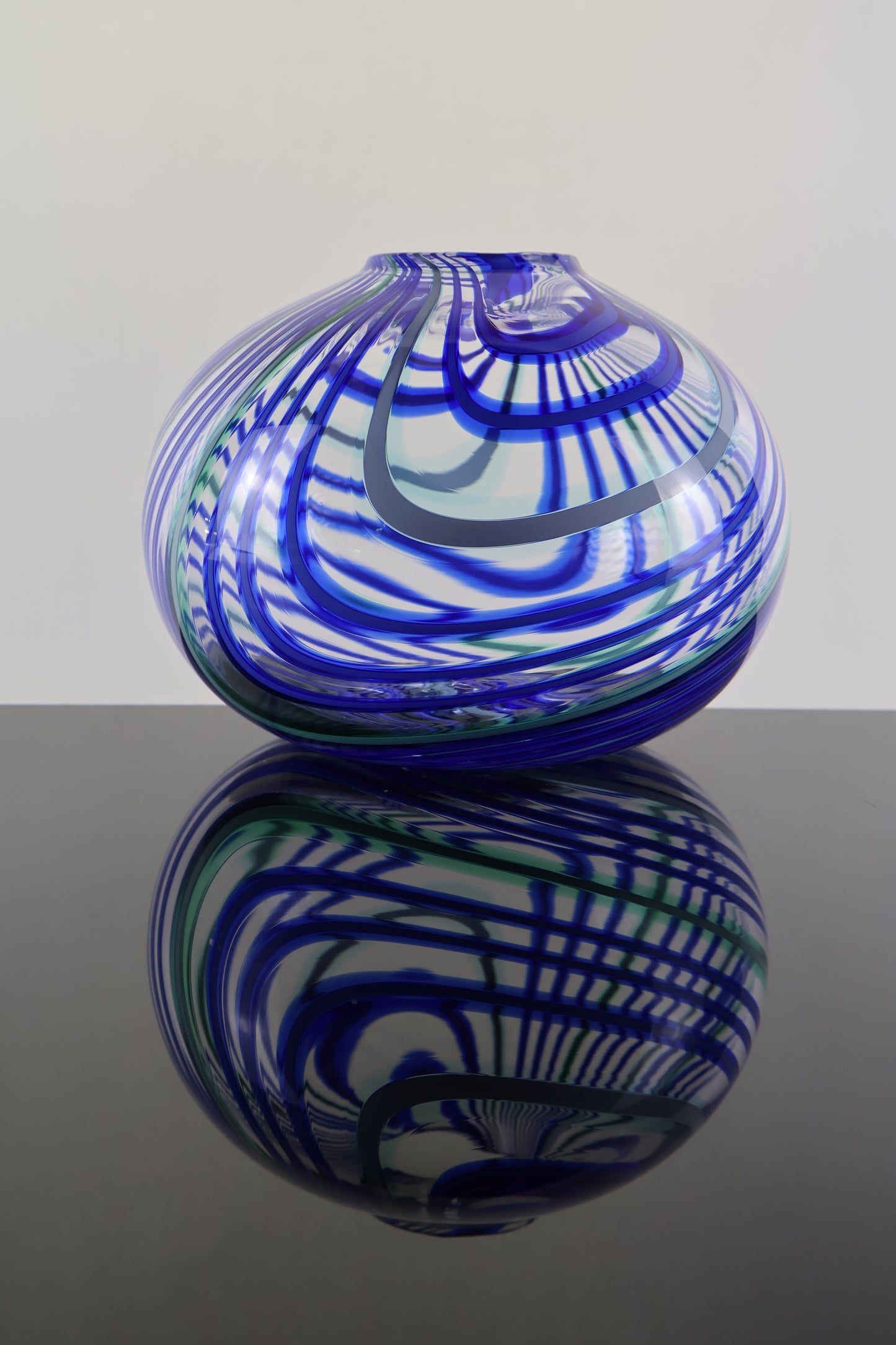 Handblown Blue, Teal and Green Round Plunger Pick Up Vase