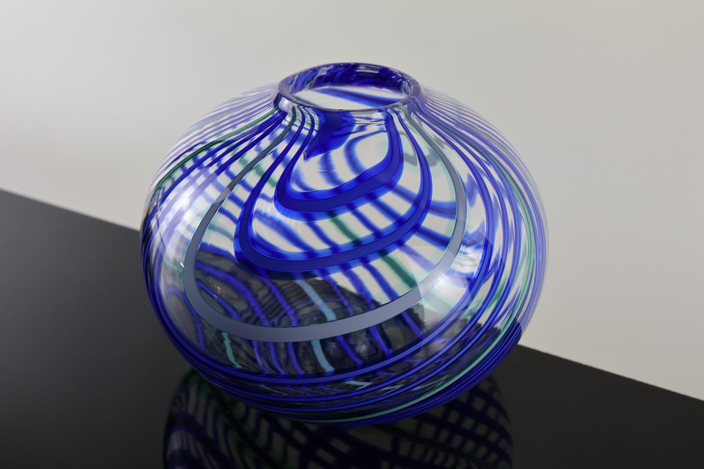 Handblown Blue, Teal and Green Round Plunger Pick Up Vase