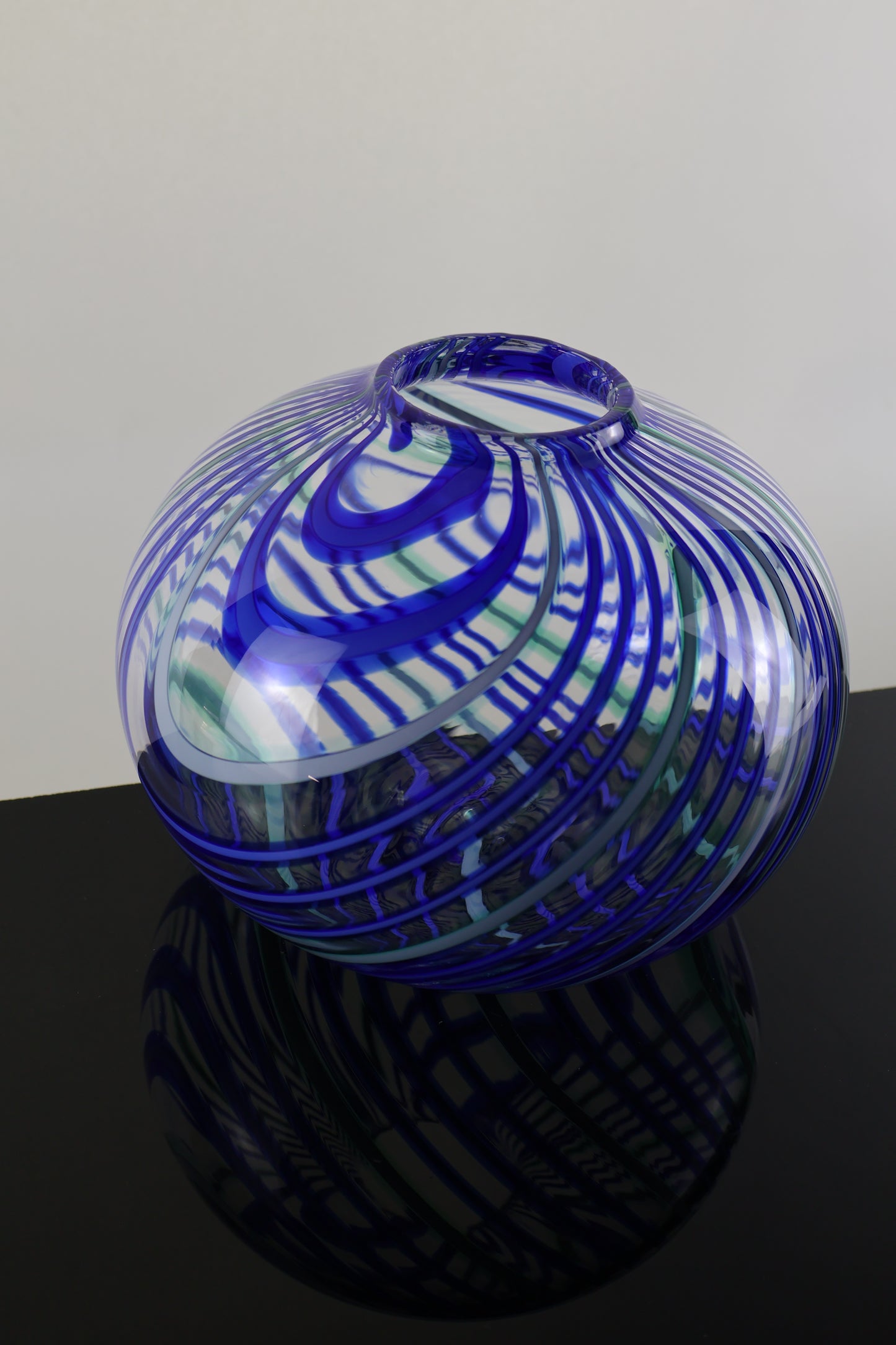 Handblown Blue, Teal and Green Round Plunger Pick Up Vase