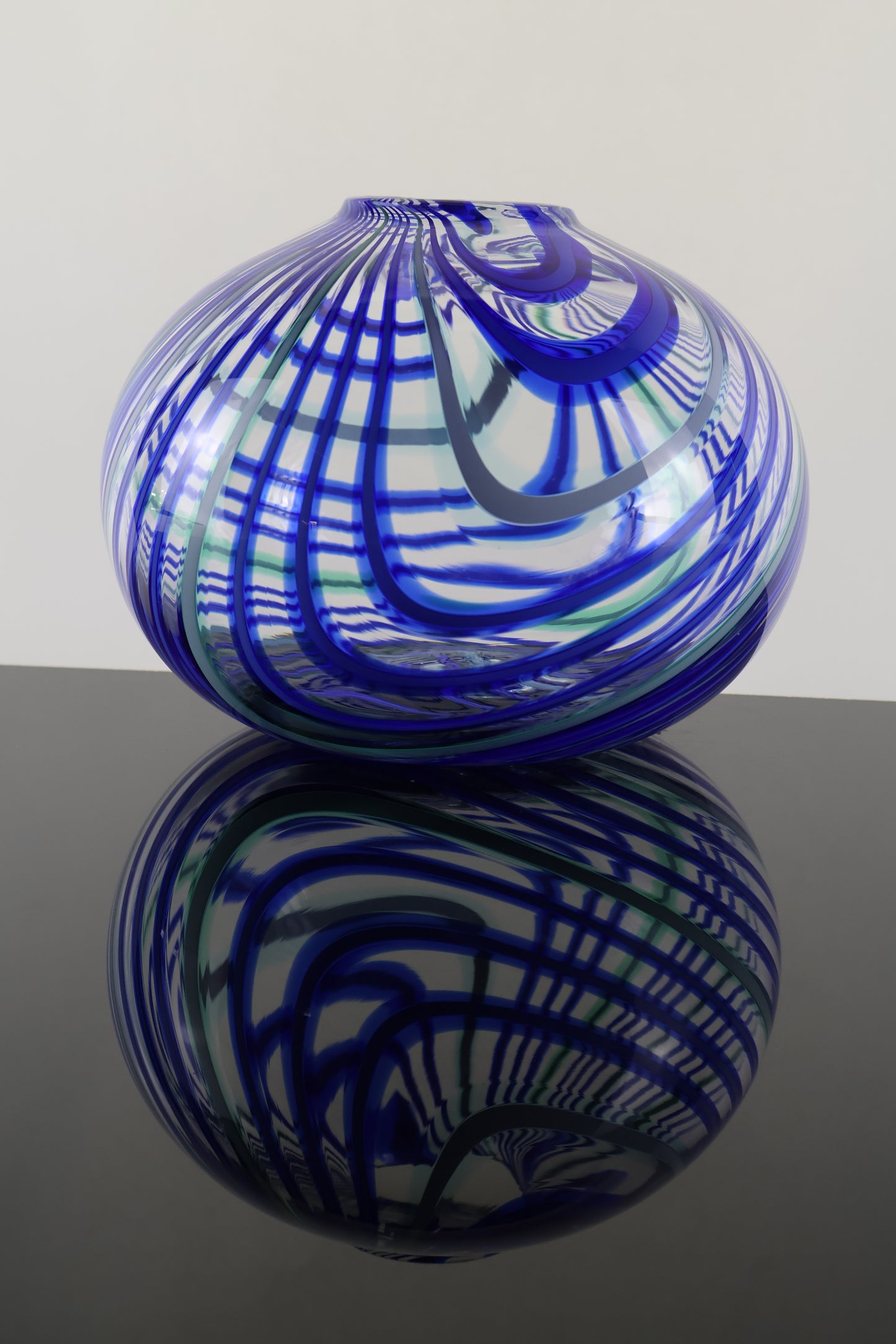 Handblown Blue, Teal and Green Round Plunger Pick Up Vase