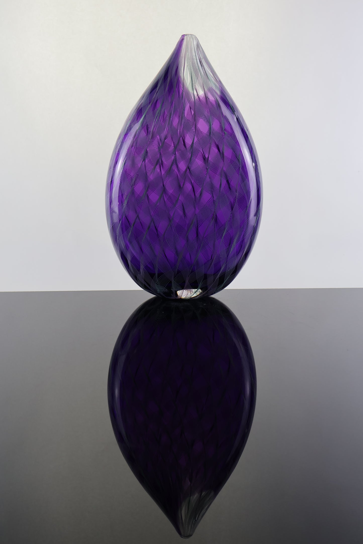 Handblown Violet Ribbon Cane Tear Drop Vase