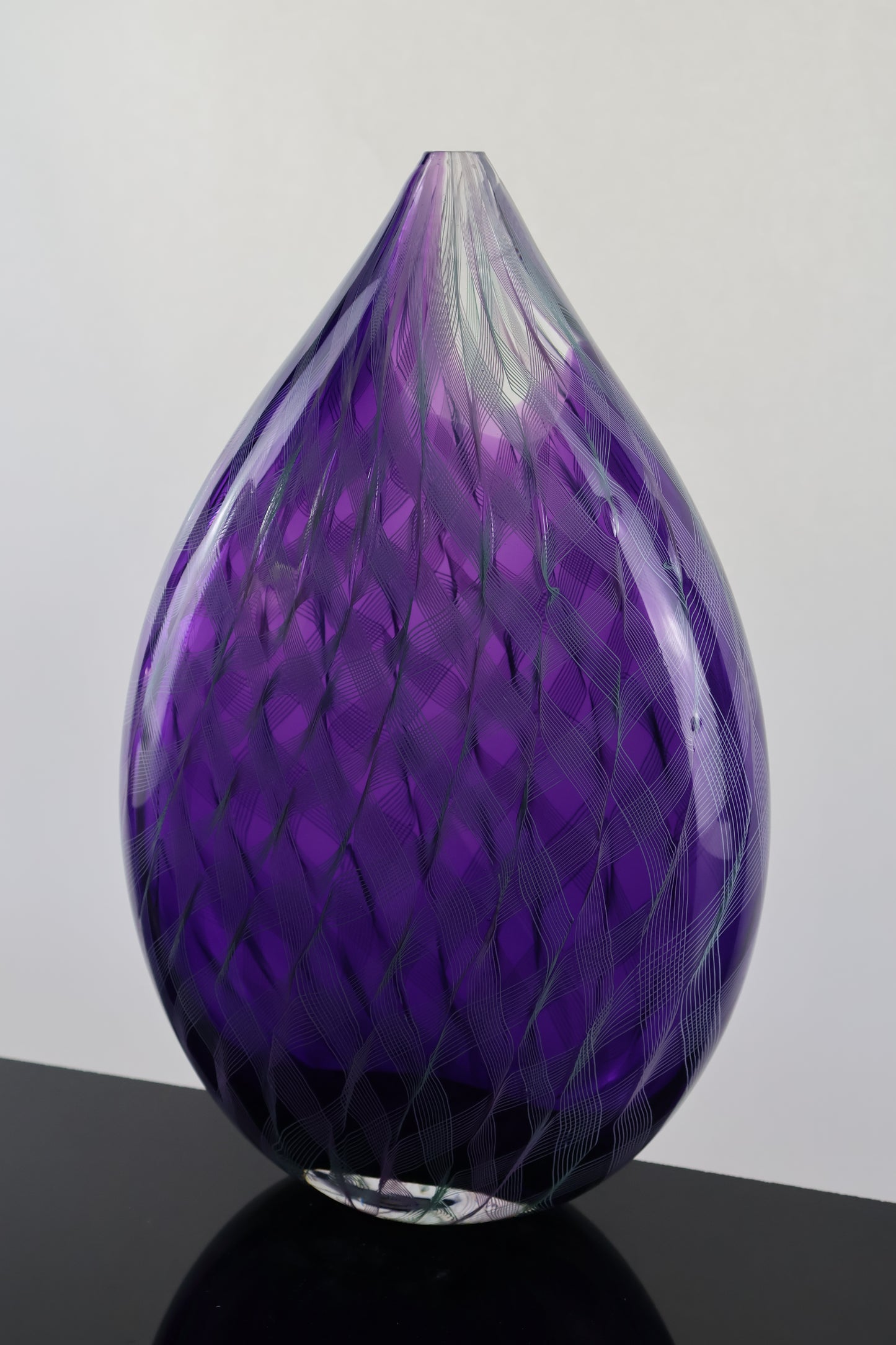 Handblown Violet Ribbon Cane Tear Drop Vase