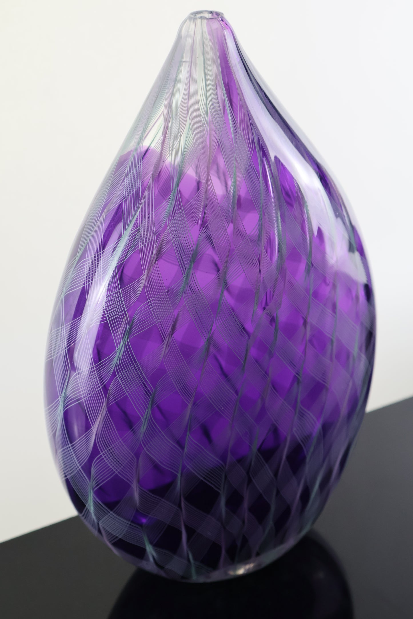 Handblown Violet Ribbon Cane Tear Drop Vase