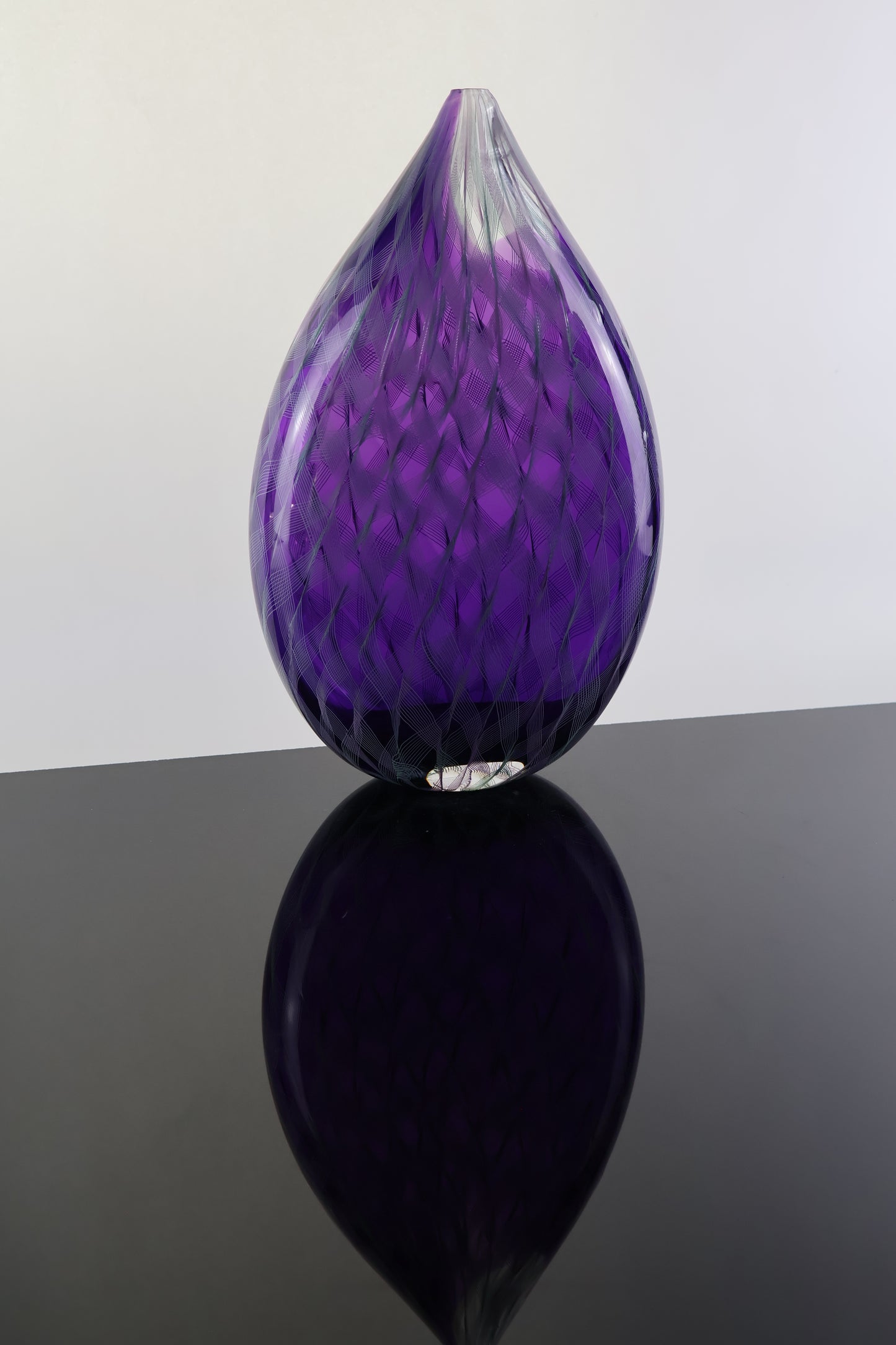 Handblown Violet Ribbon Cane Tear Drop Vase