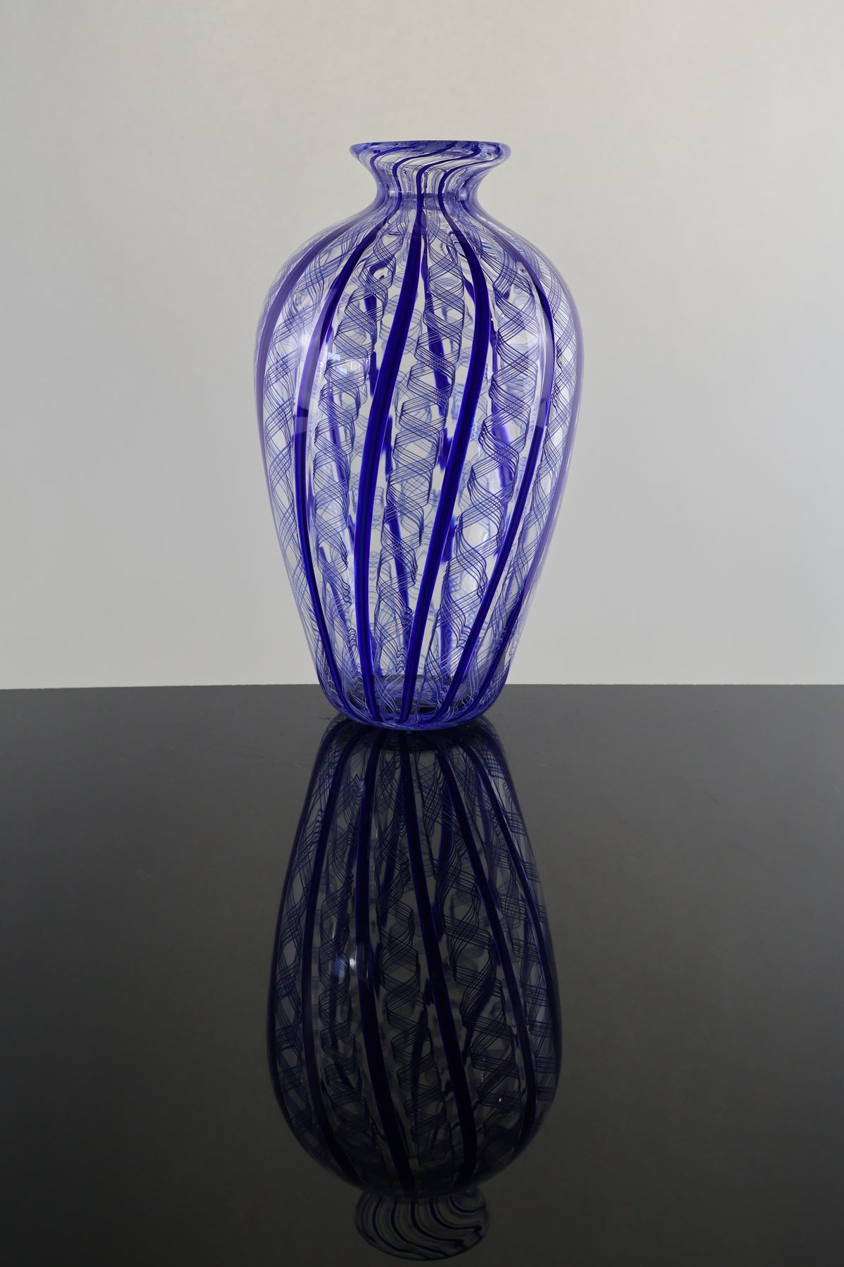 Handblown Blue and Ribbon Cane Amphora Vase