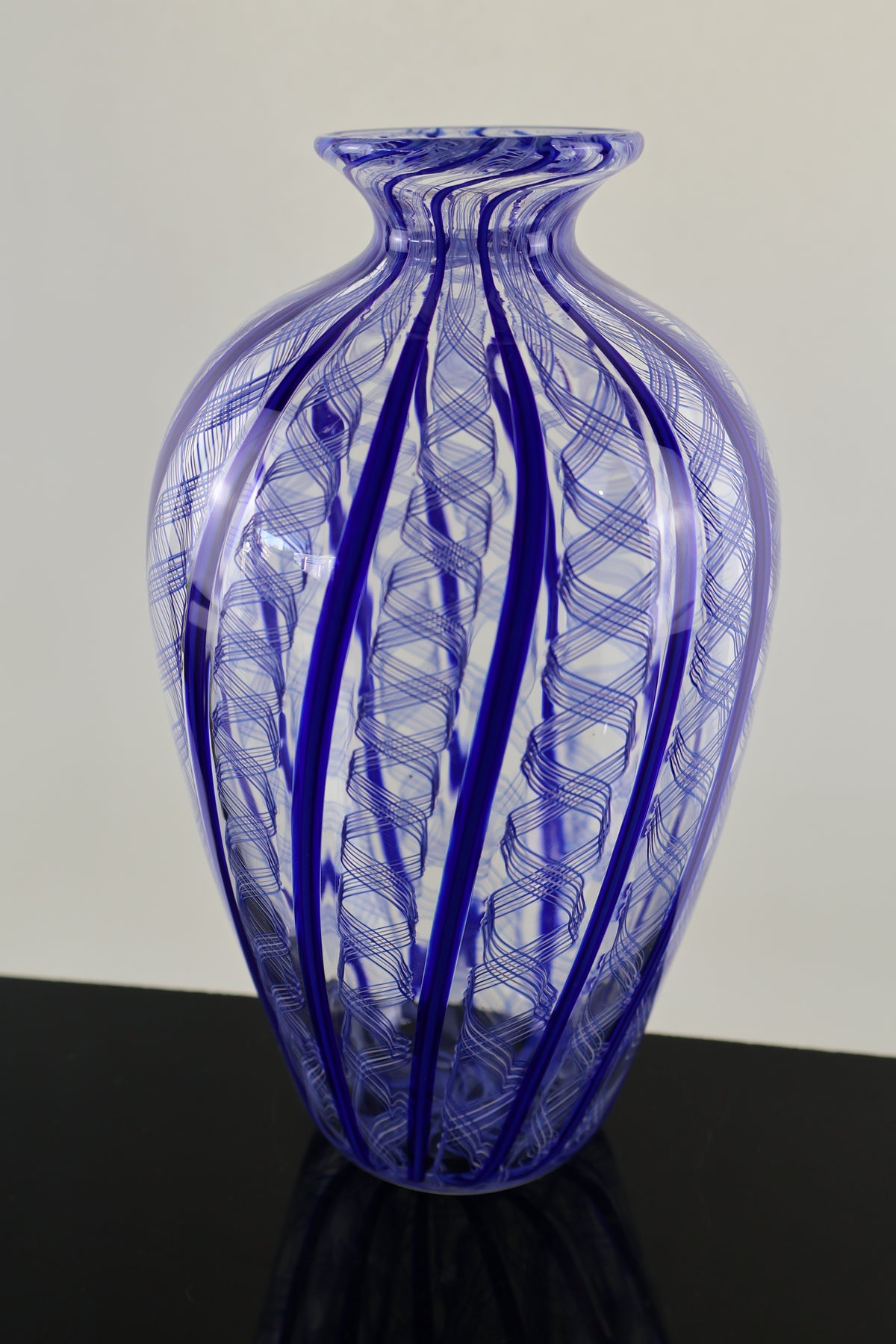 Handblown Blue and Ribbon Cane Amphora Vase