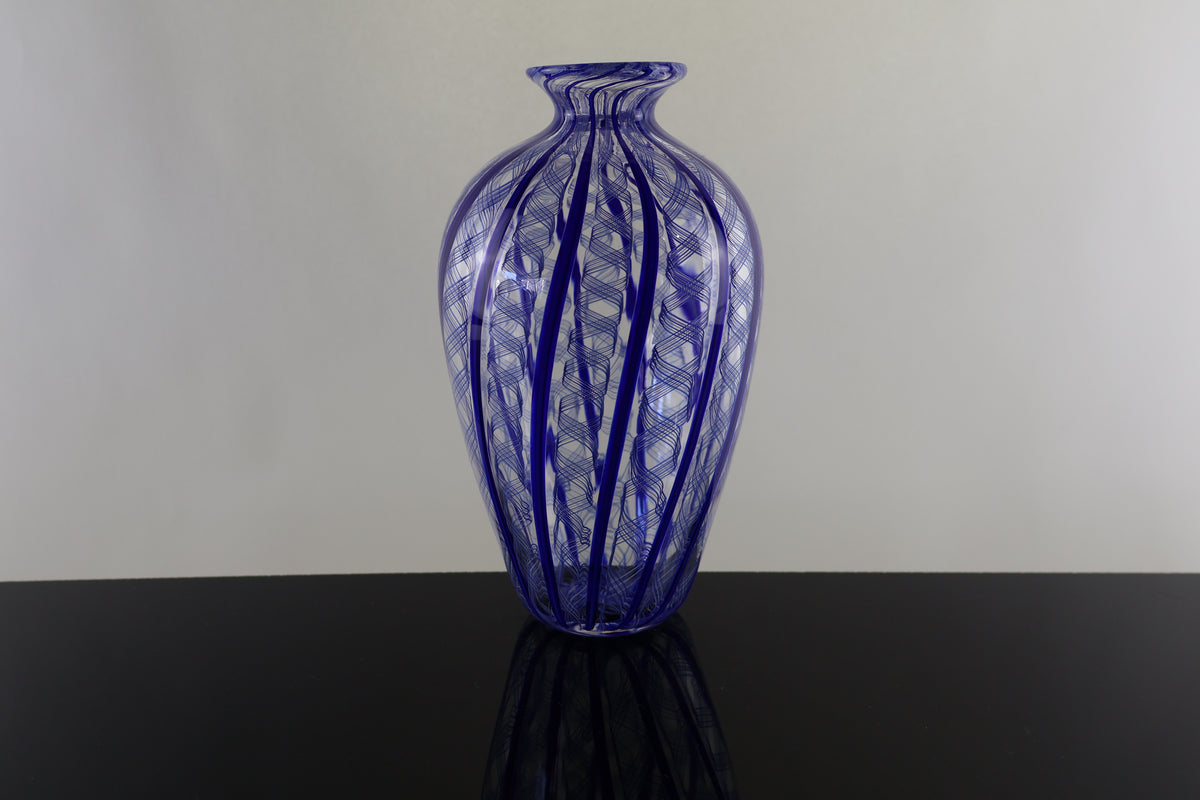 Handblown Blue and Ribbon Cane Amphora Vase