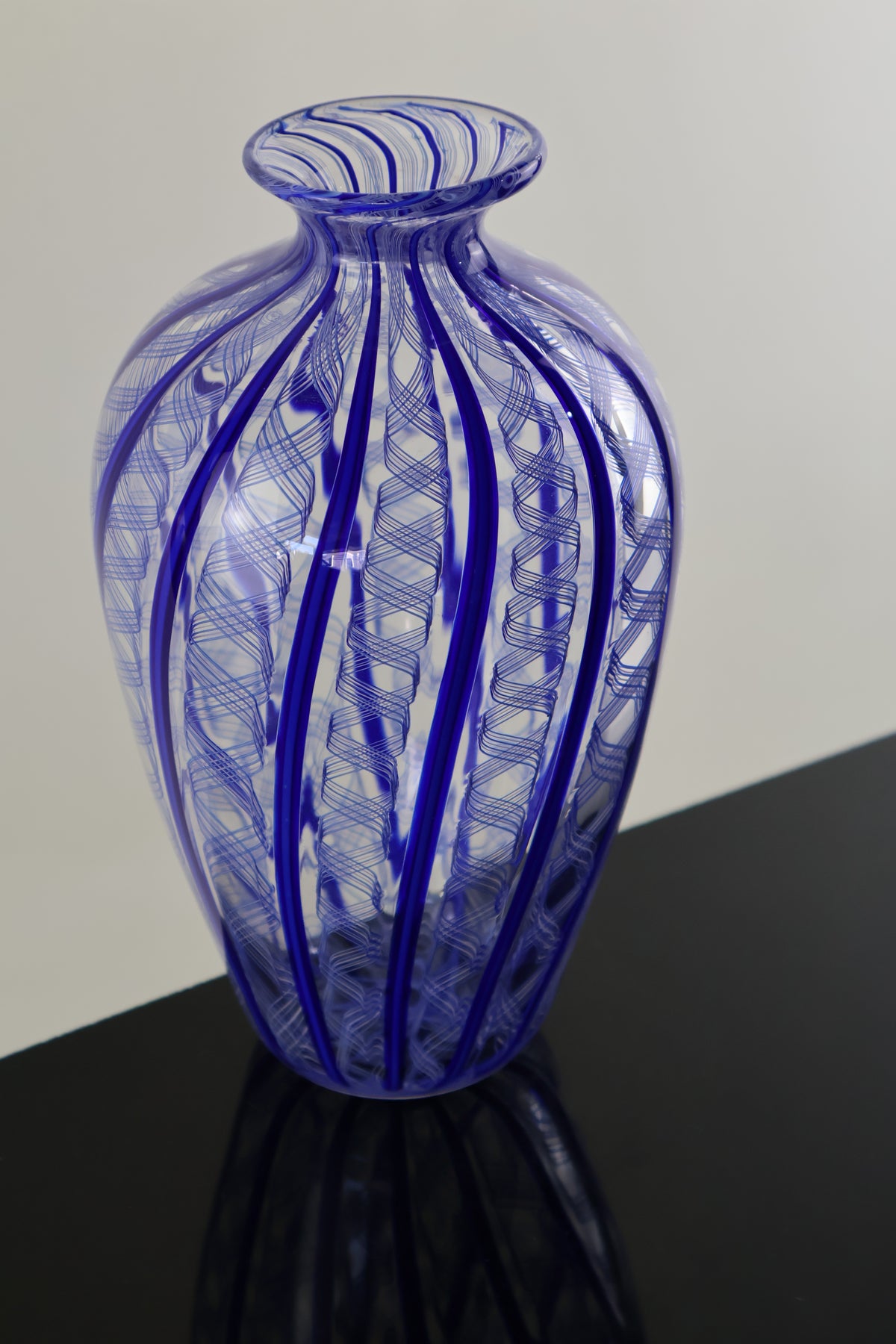Handblown Blue and Ribbon Cane Amphora Vase