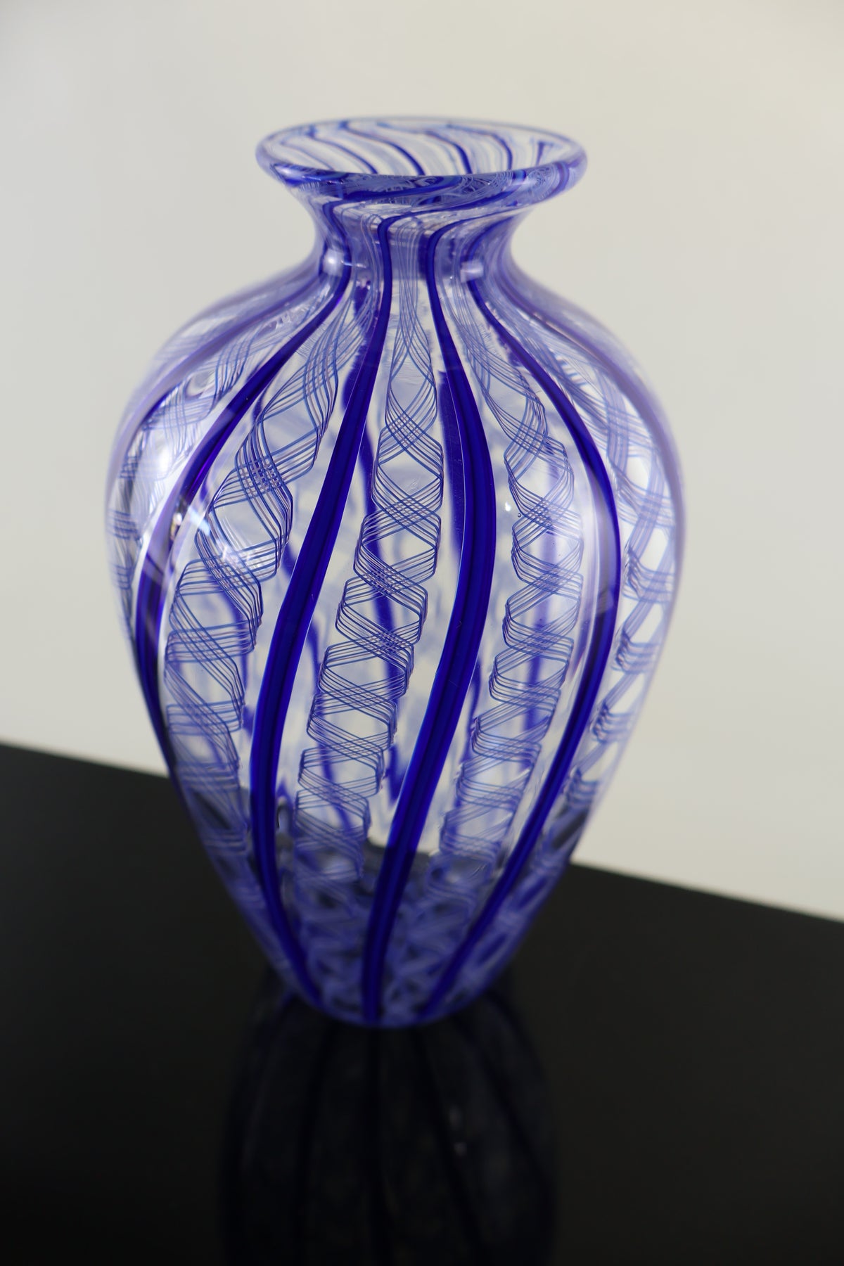 Handblown Blue and Ribbon Cane Amphora Vase
