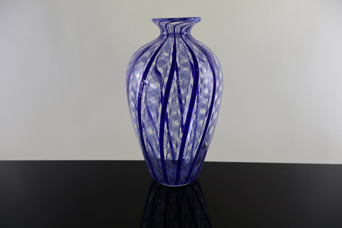 Handblown Blue and Ribbon Cane Amphora Vase
