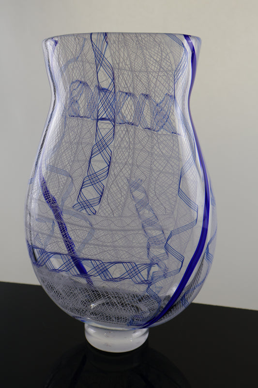 Handblown White and Blue Patterned Cane Flat Footed Vase