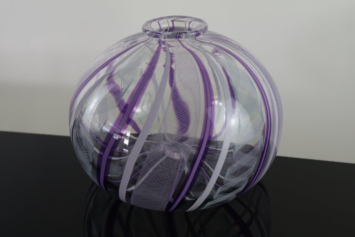 Zanfirico, Pink and White Cane Round Bud Vase