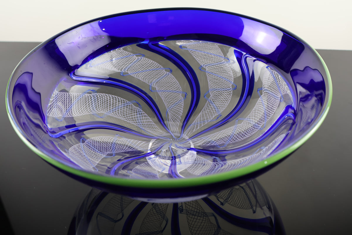 Handblown Encalmo Blue, White and Green Cane Bowl