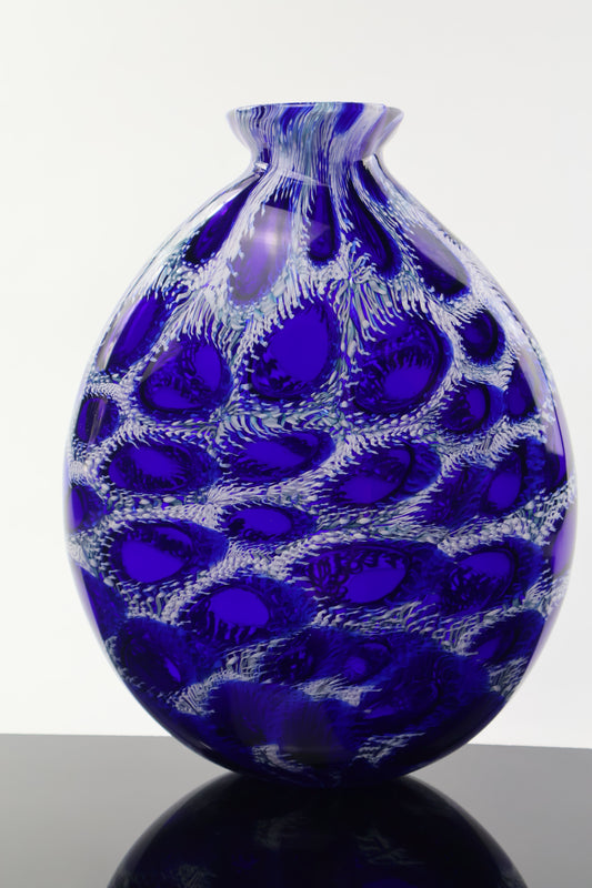 Blue Murrine Flattened Vase with Fluted Lip