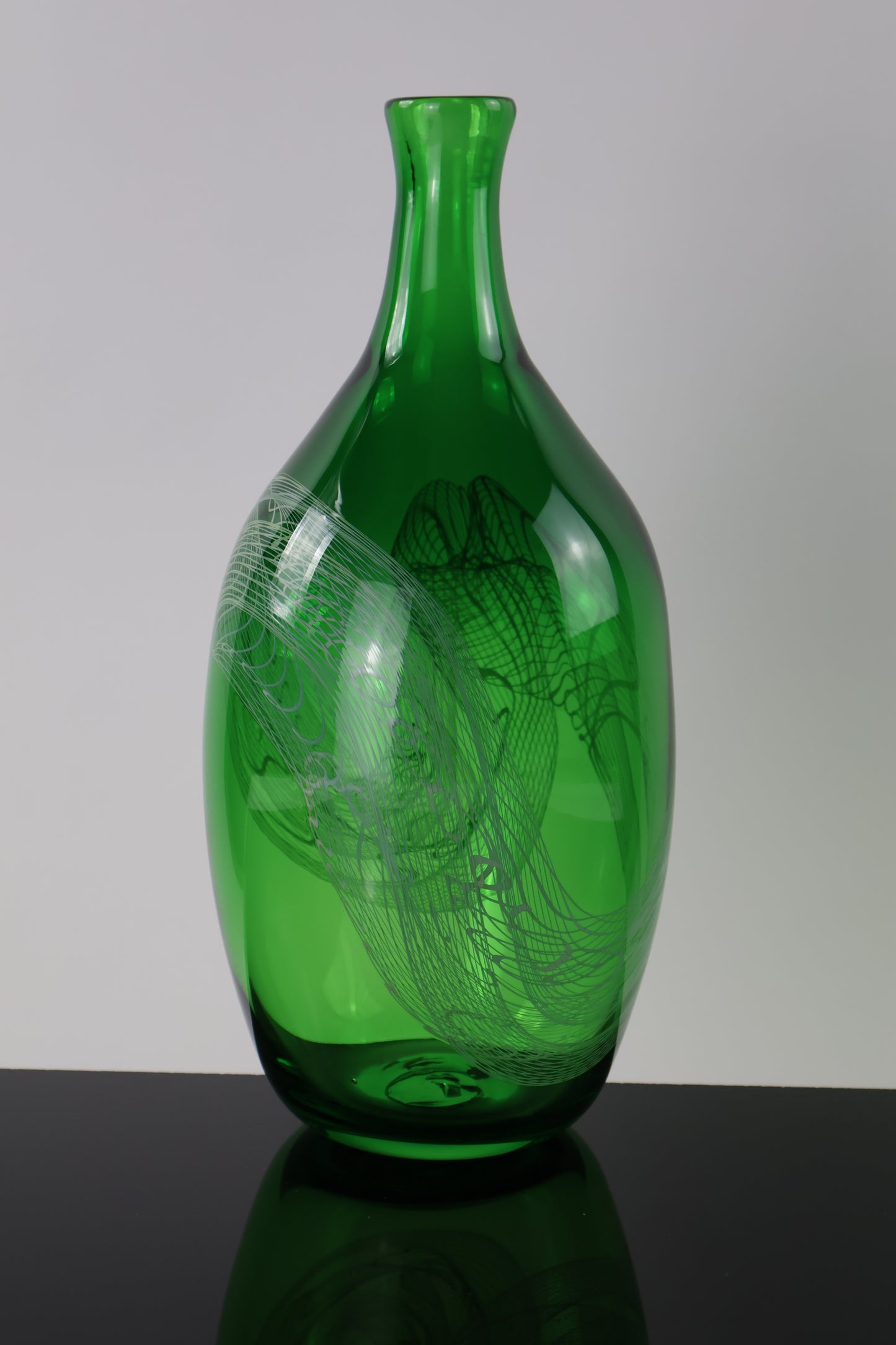 Handblown Green and White Tall Lasso Bottle