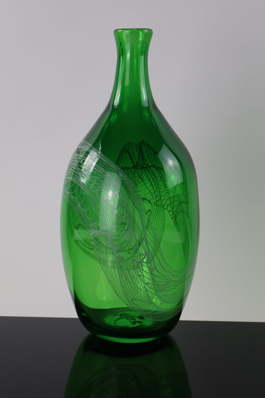 Handblown Green and White Tall Lasso Bottle