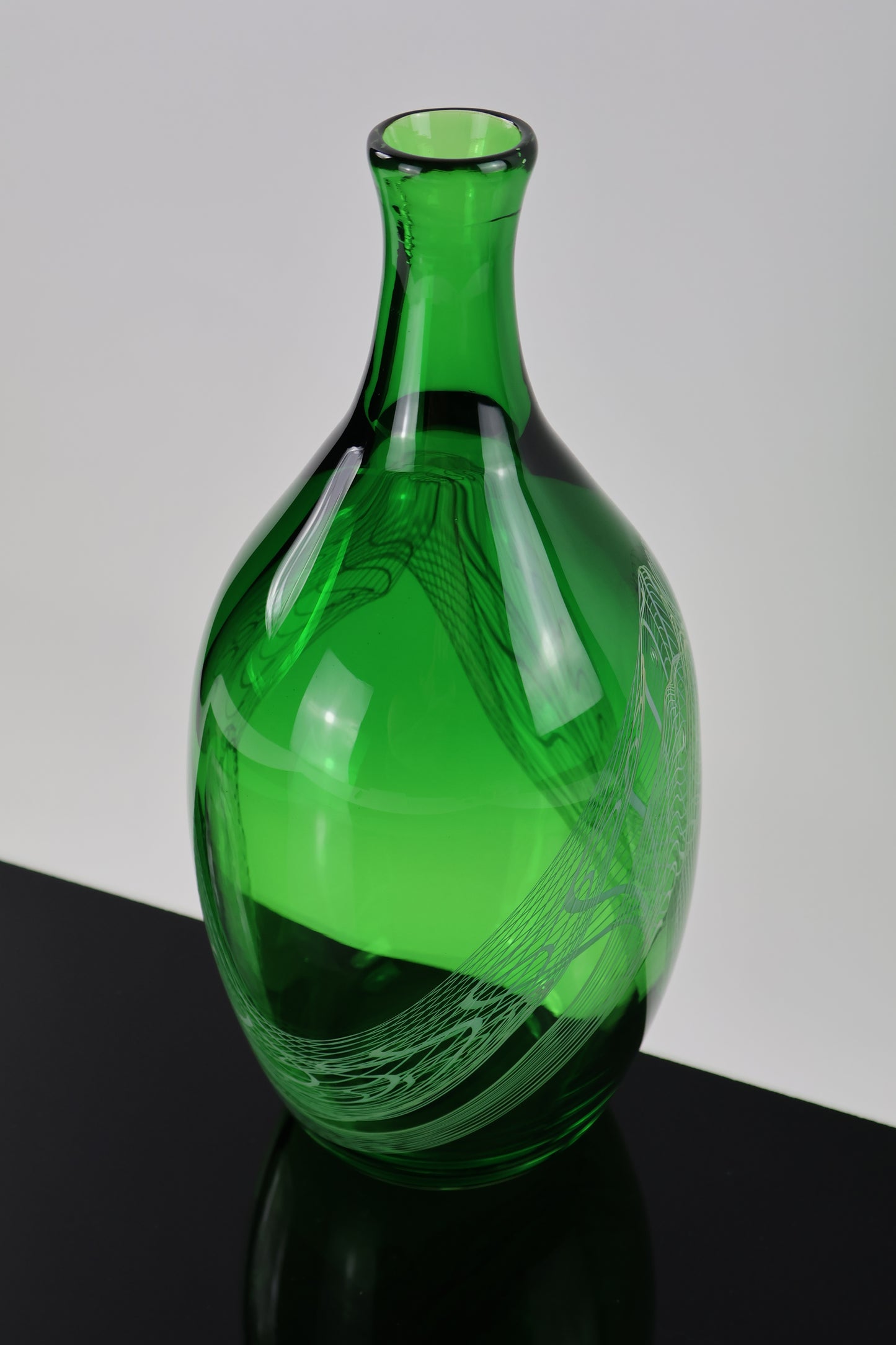 Handblown Green and White Tall Lasso Bottle
