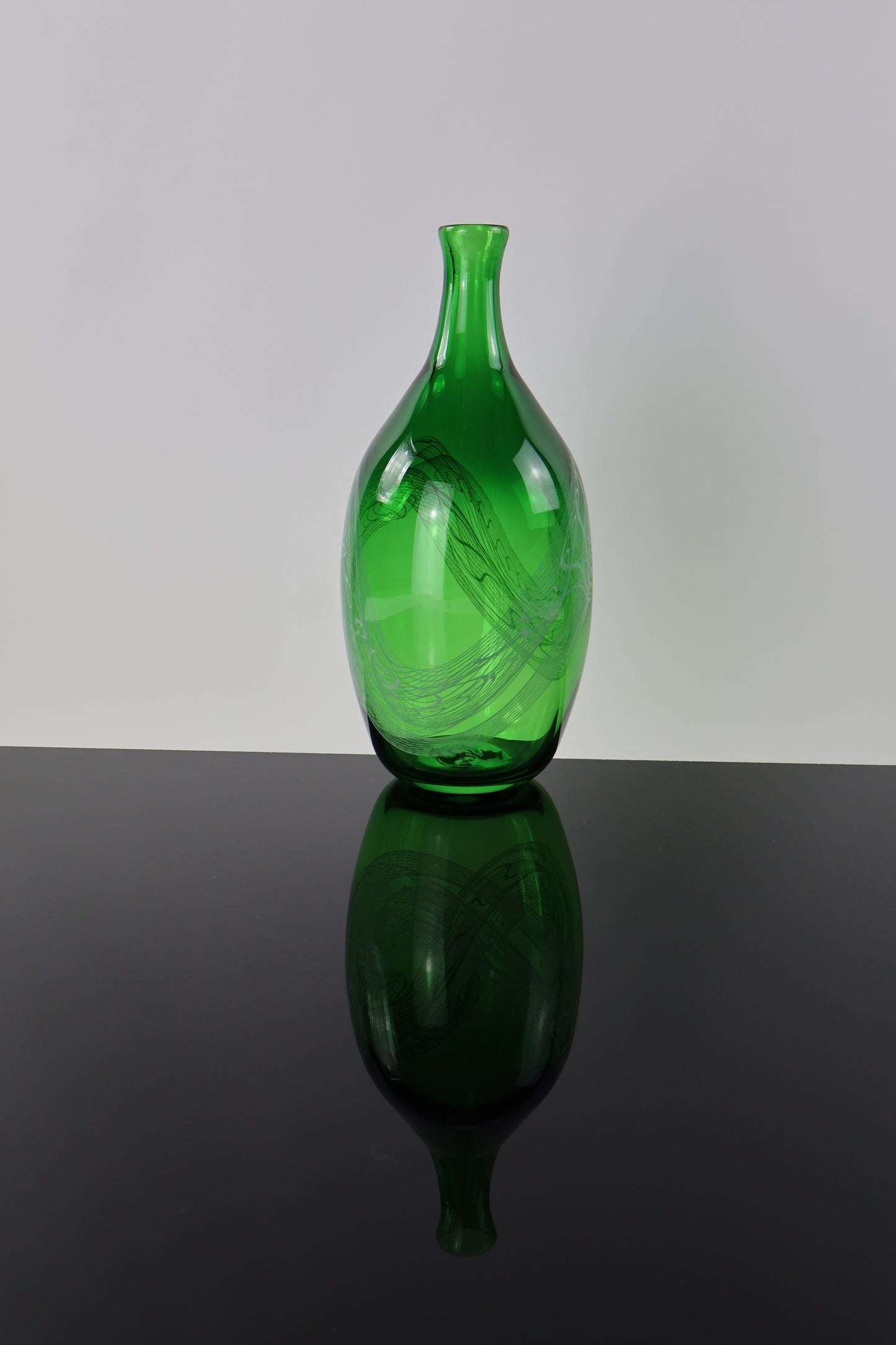Handblown Green and White Tall Lasso Bottle