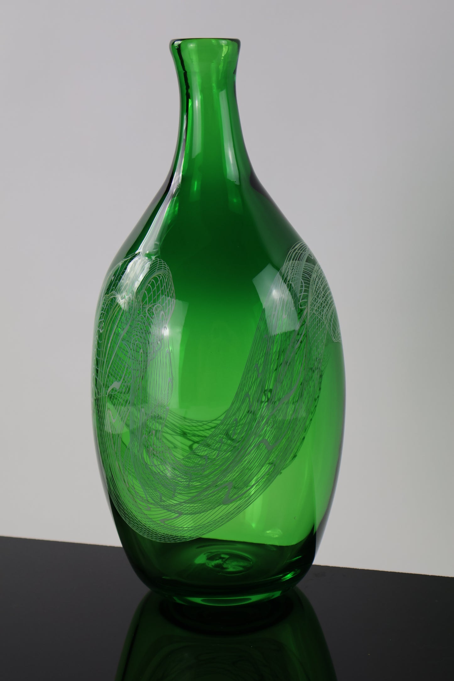 Handblown Green and White Tall Lasso Bottle