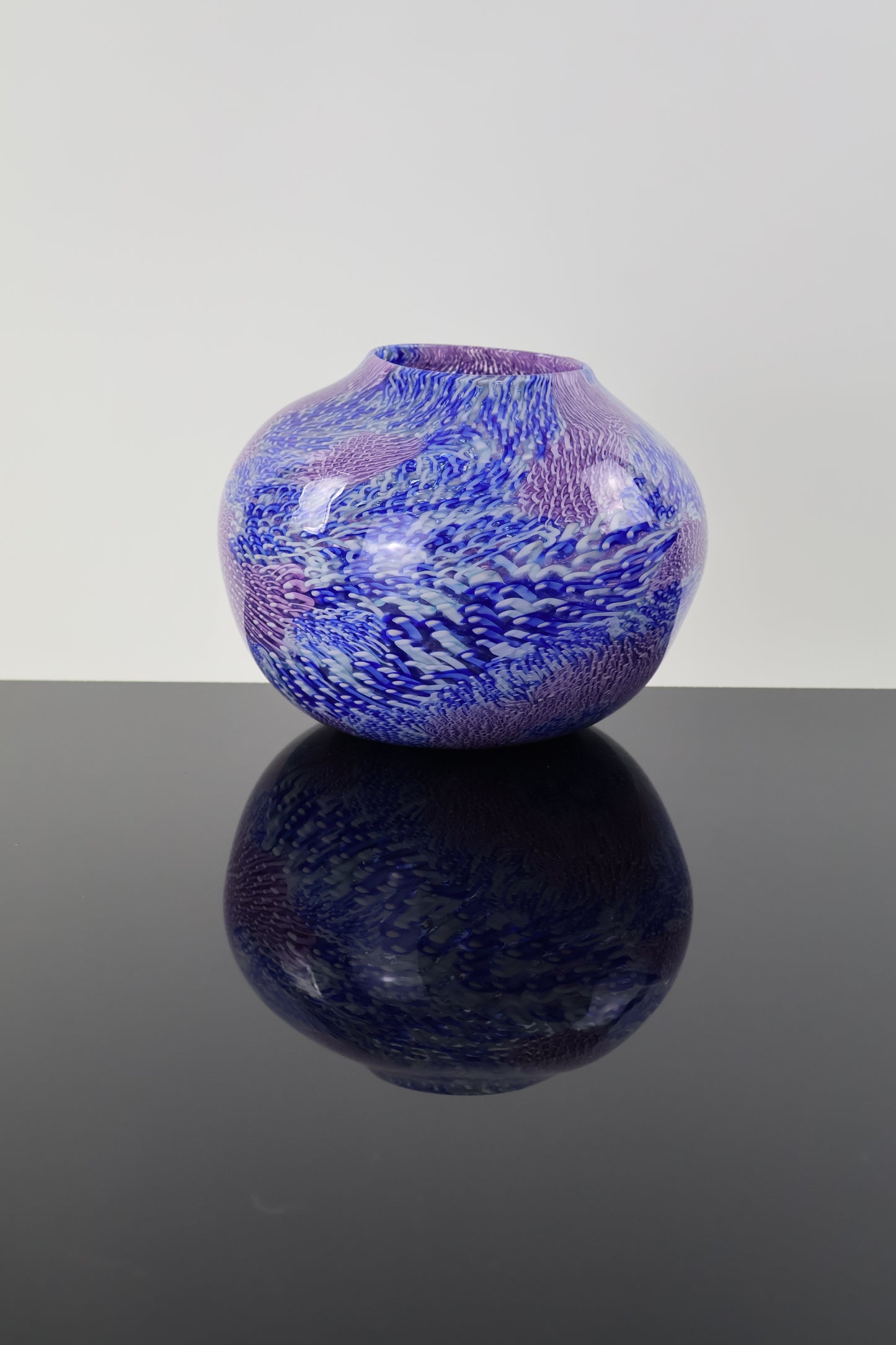 Handblown Blue, Pink, Purple and White Murrine Basket Vase