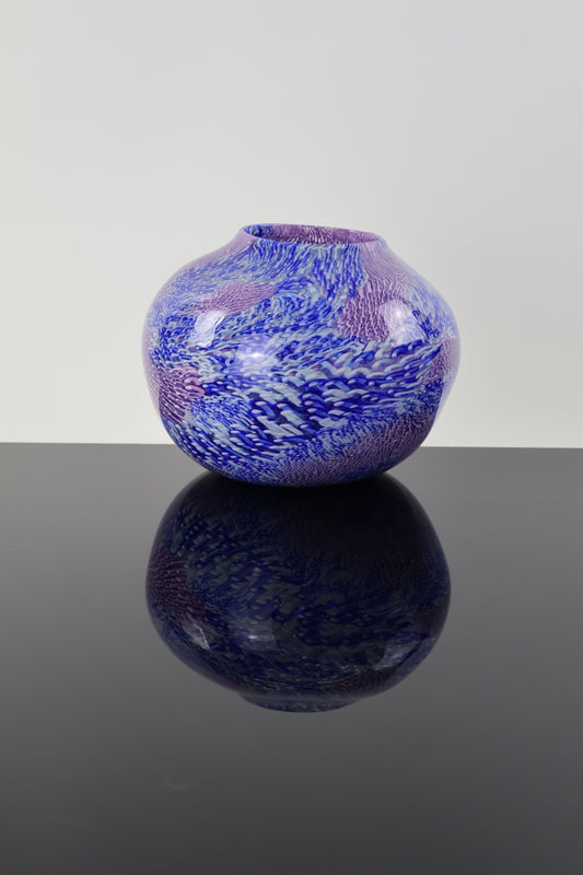 Handblown Blue, Pink, Purple and White Murrine Basket Vase