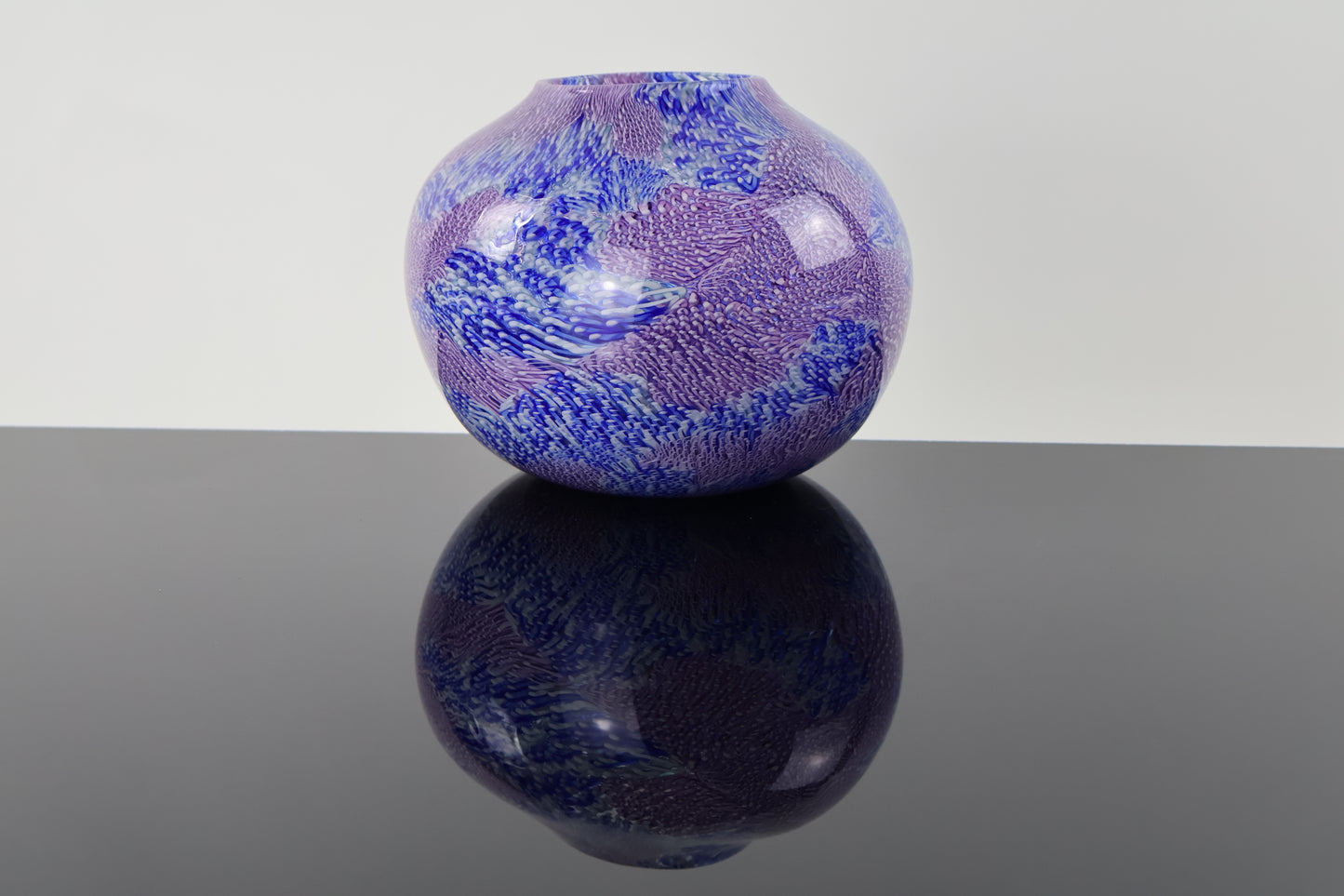 Handblown Blue, Pink, Purple and White Murrine Basket Vase