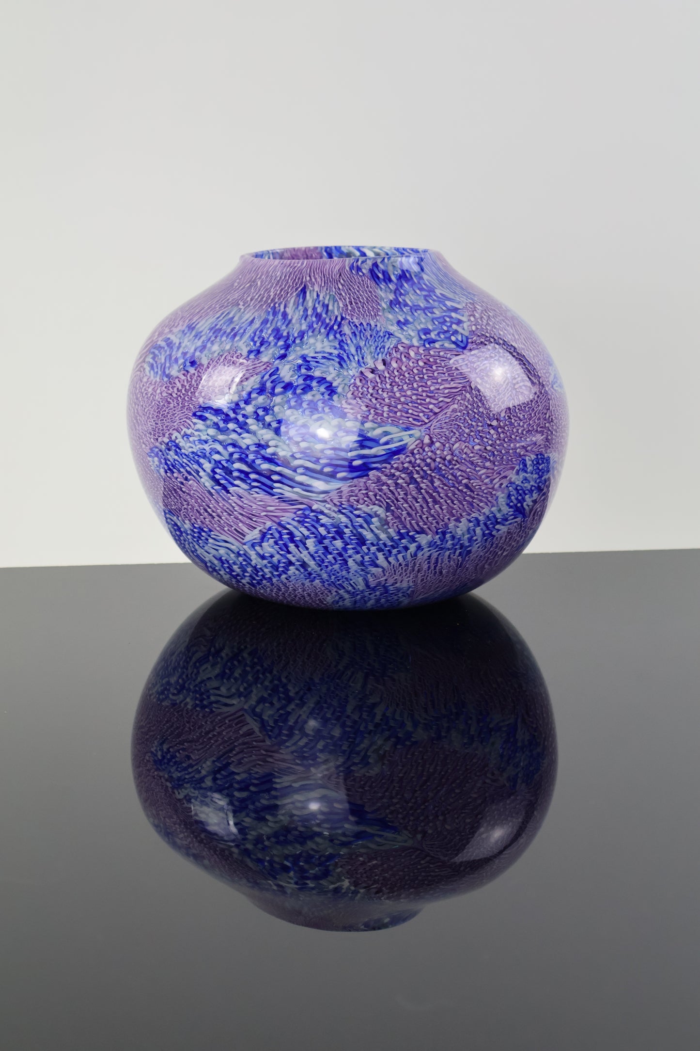 Handblown Blue, Pink, Purple and White Murrine Basket Vase