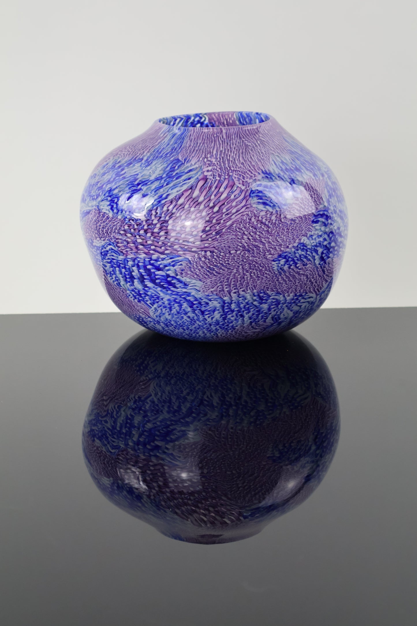 Handblown Blue, Pink, Purple and White Murrine Basket Vase