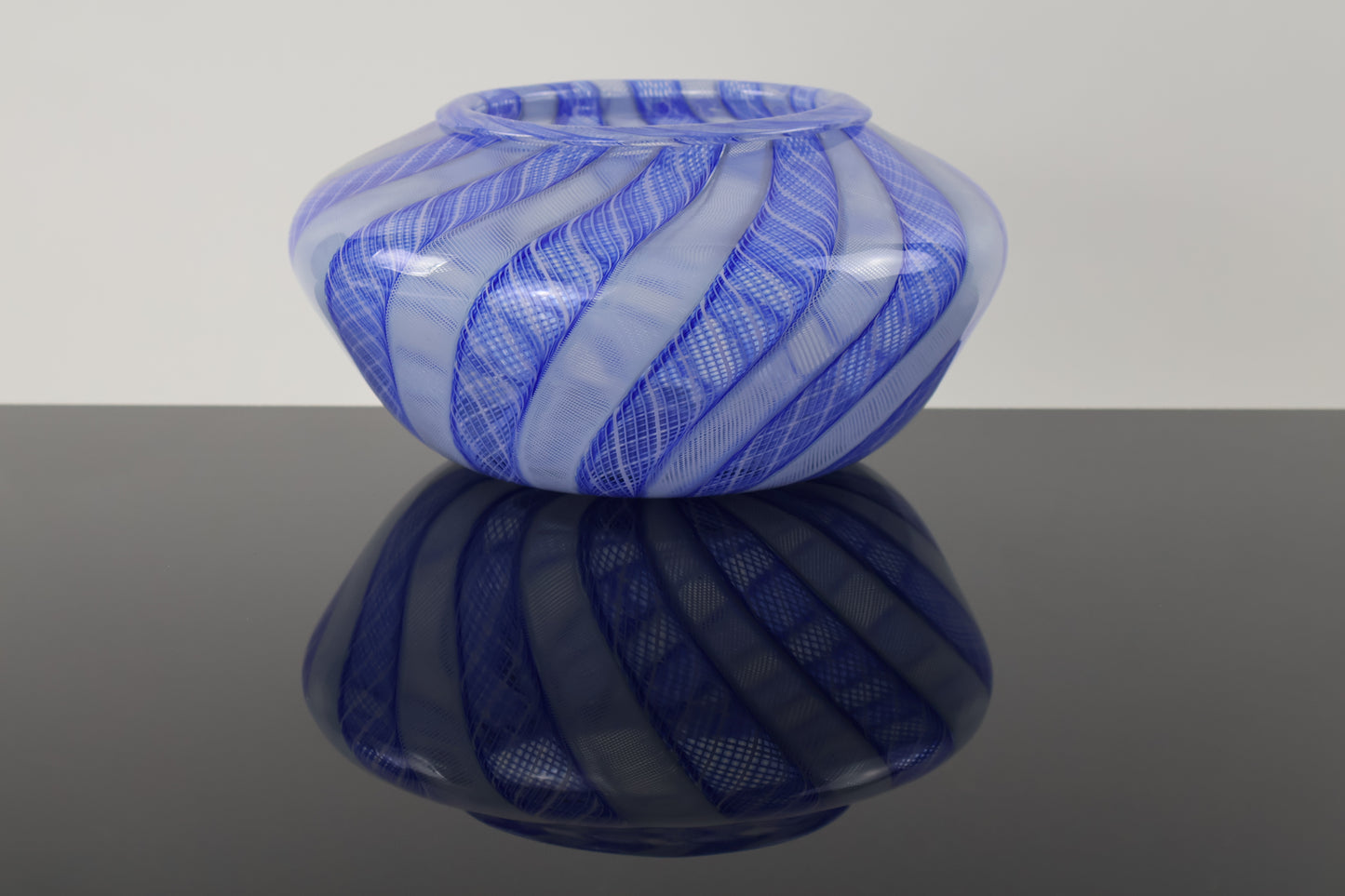 Handblown Blue and White Zanfirico Cane Basket Vase