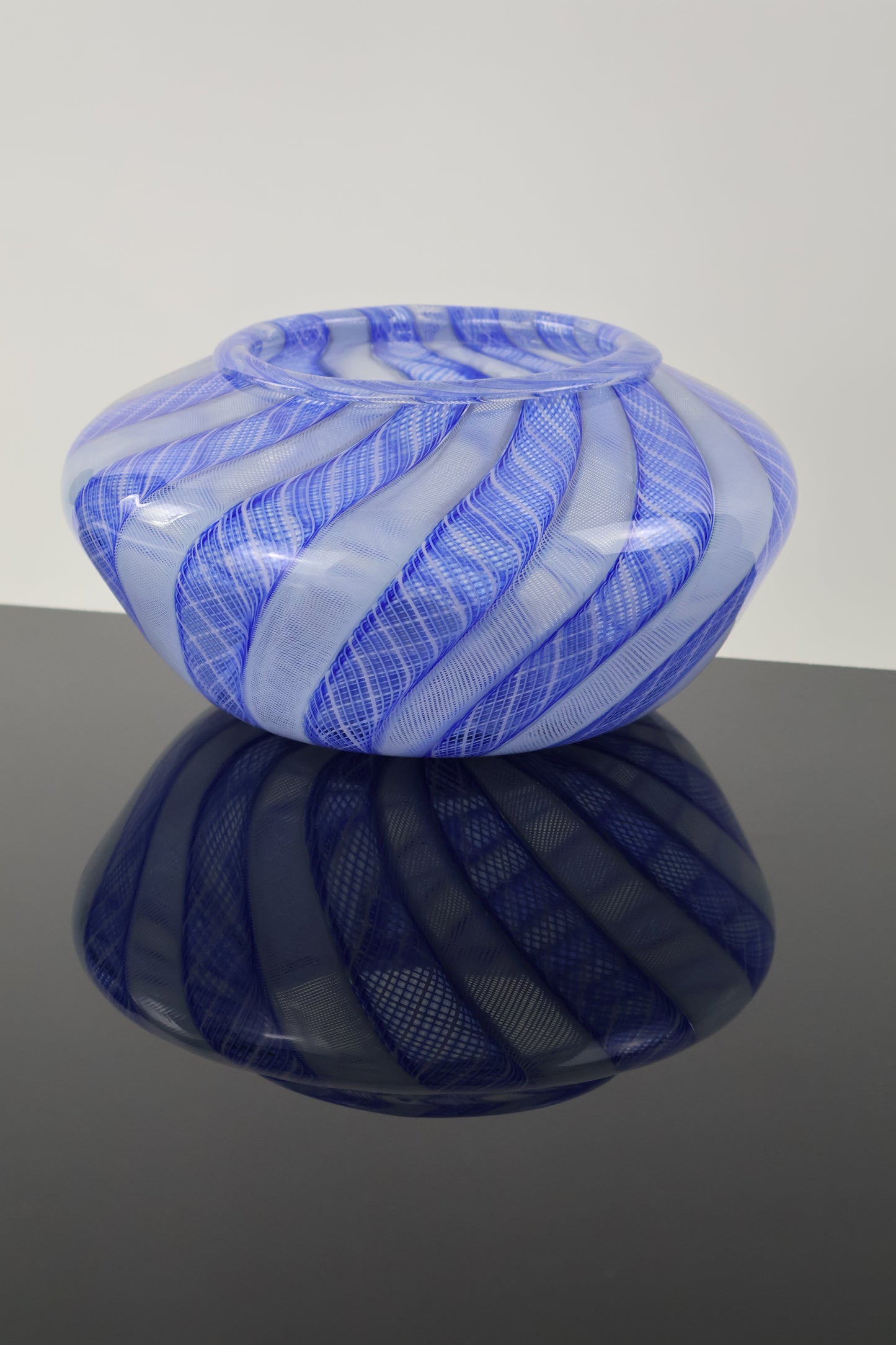 Handblown Blue and White Zanfirico Cane Basket Vase