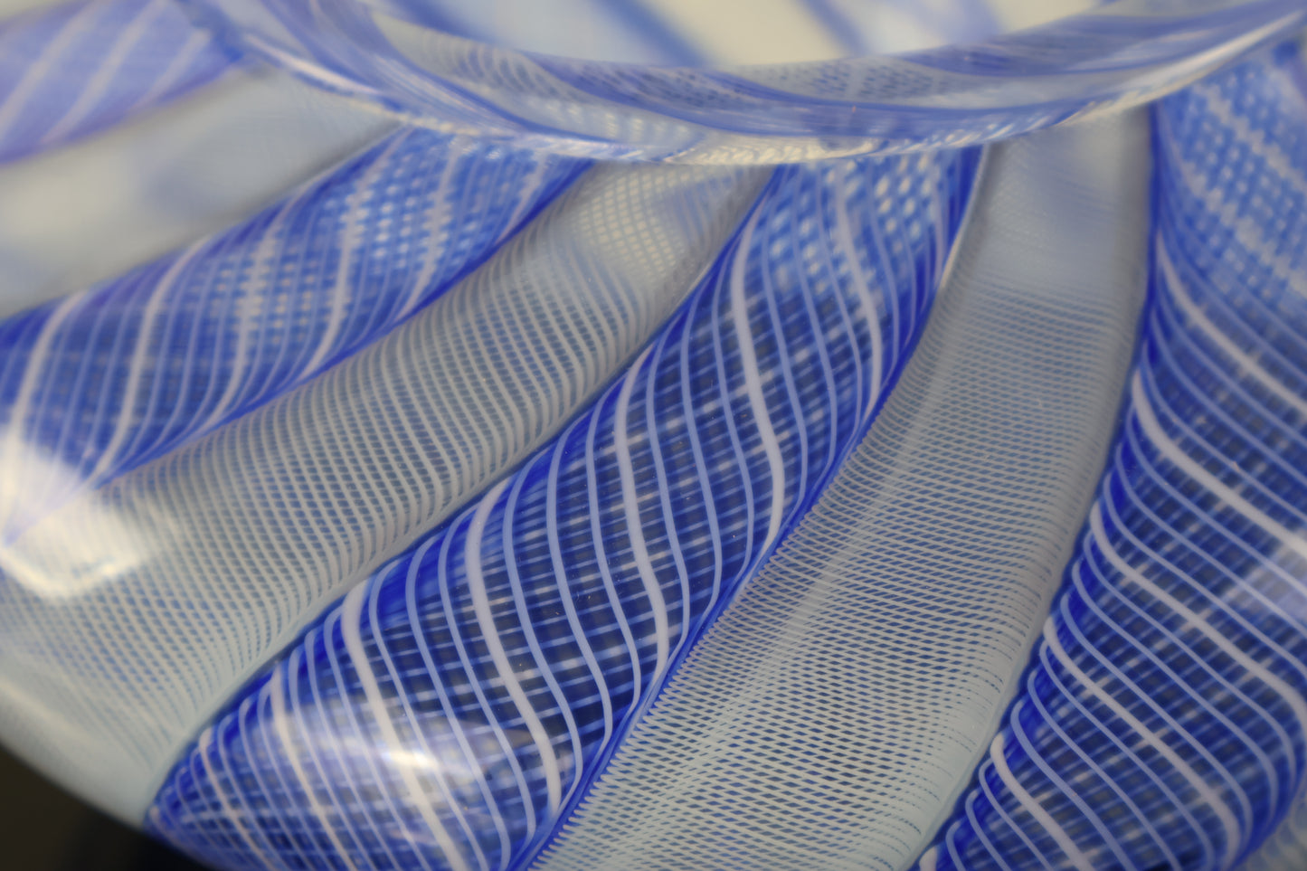 Handblown Blue and White Zanfirico Cane Basket Vase