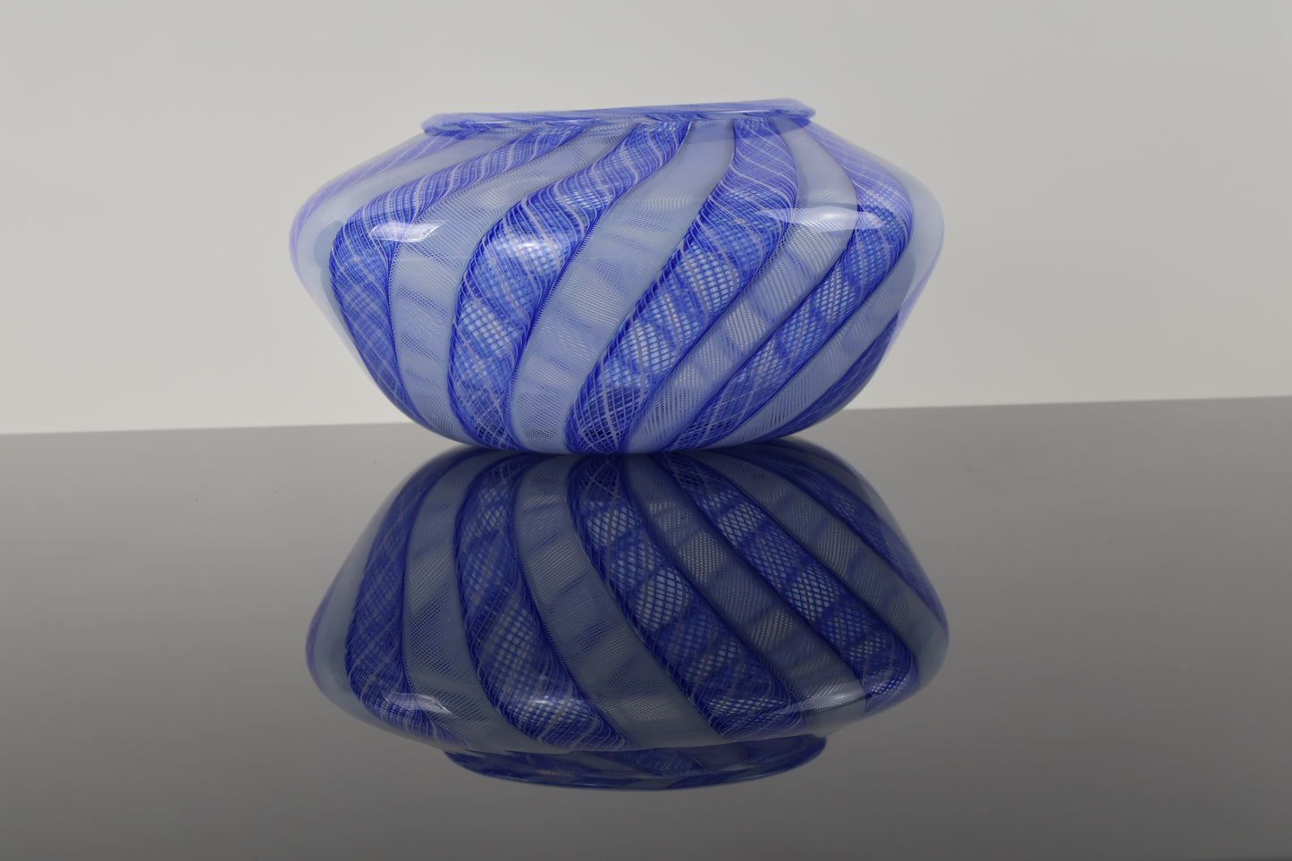 Handblown Blue and White Zanfirico Cane Basket Vase