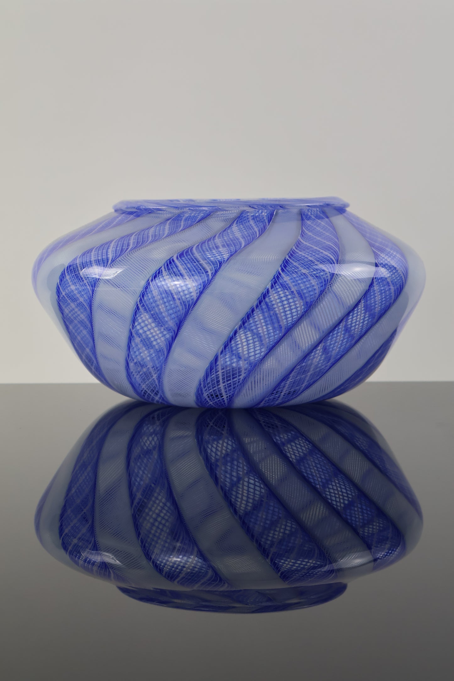 Handblown Blue and White Zanfirico Cane Basket Vase