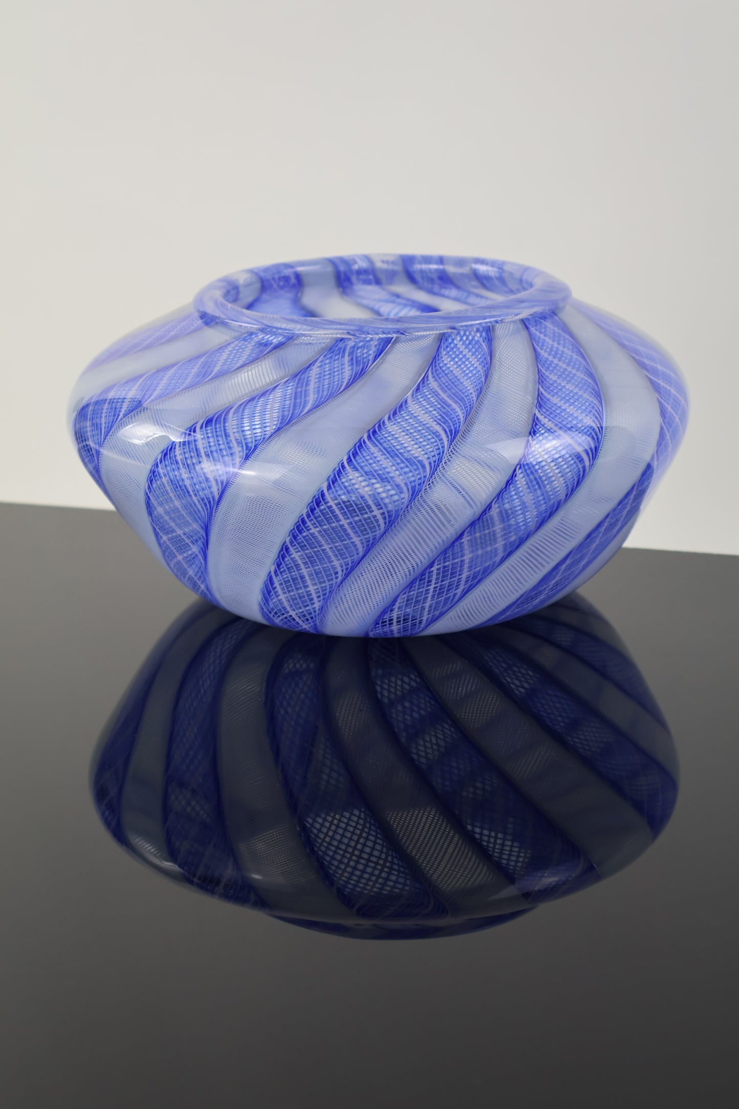 Handblown Blue and White Zanfirico Cane Basket Vase