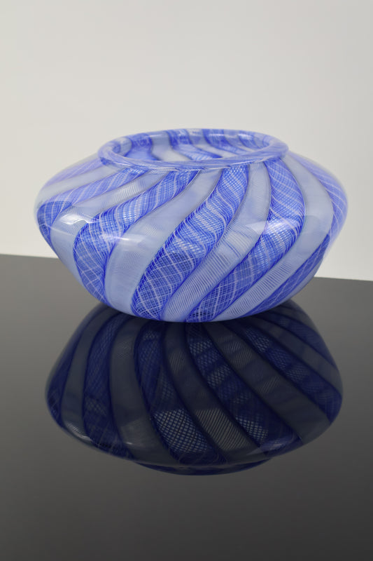 Handblown Blue and White Zanfirico Cane Basket Vase