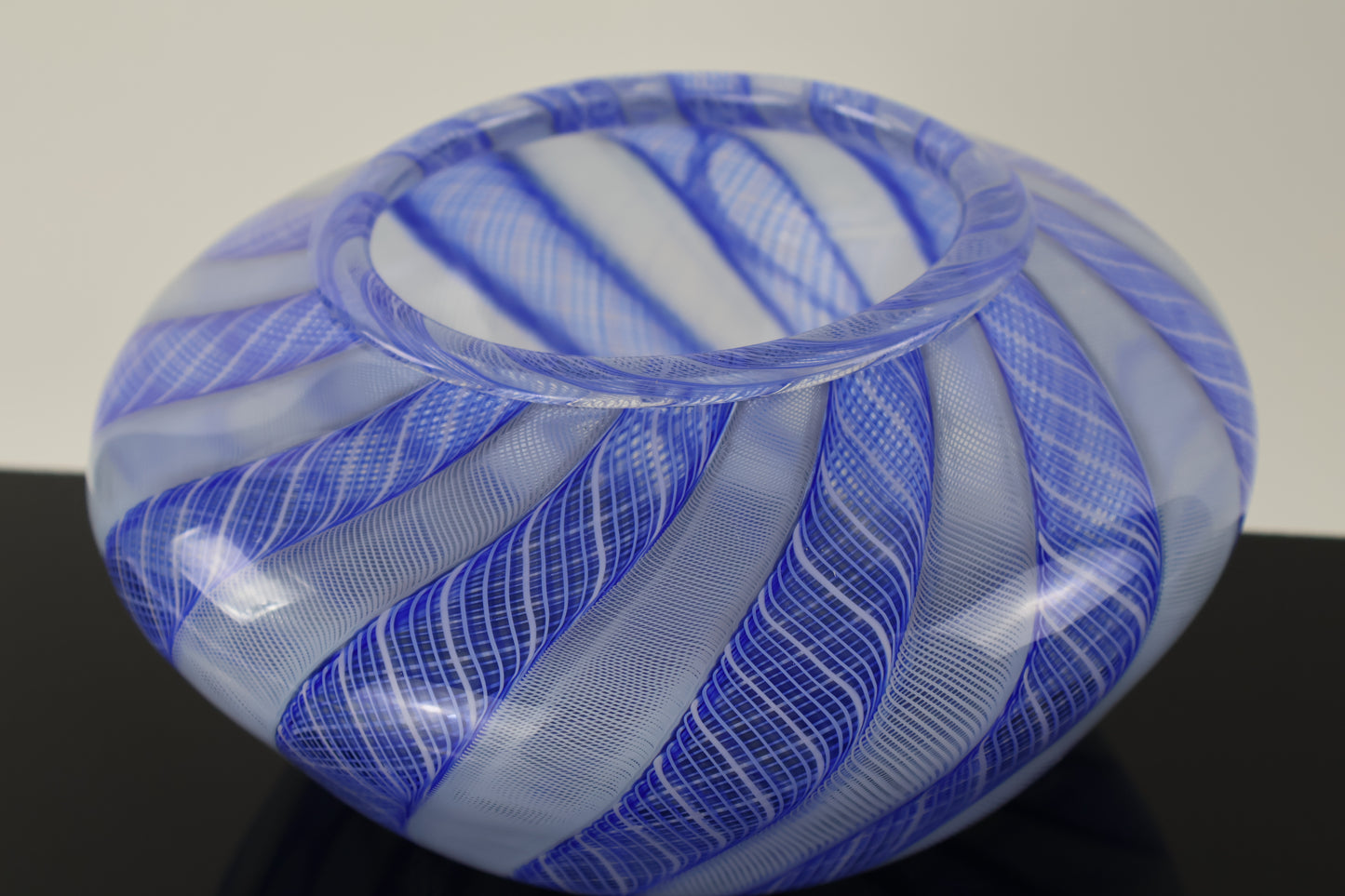 Handblown Blue and White Zanfirico Cane Basket Vase