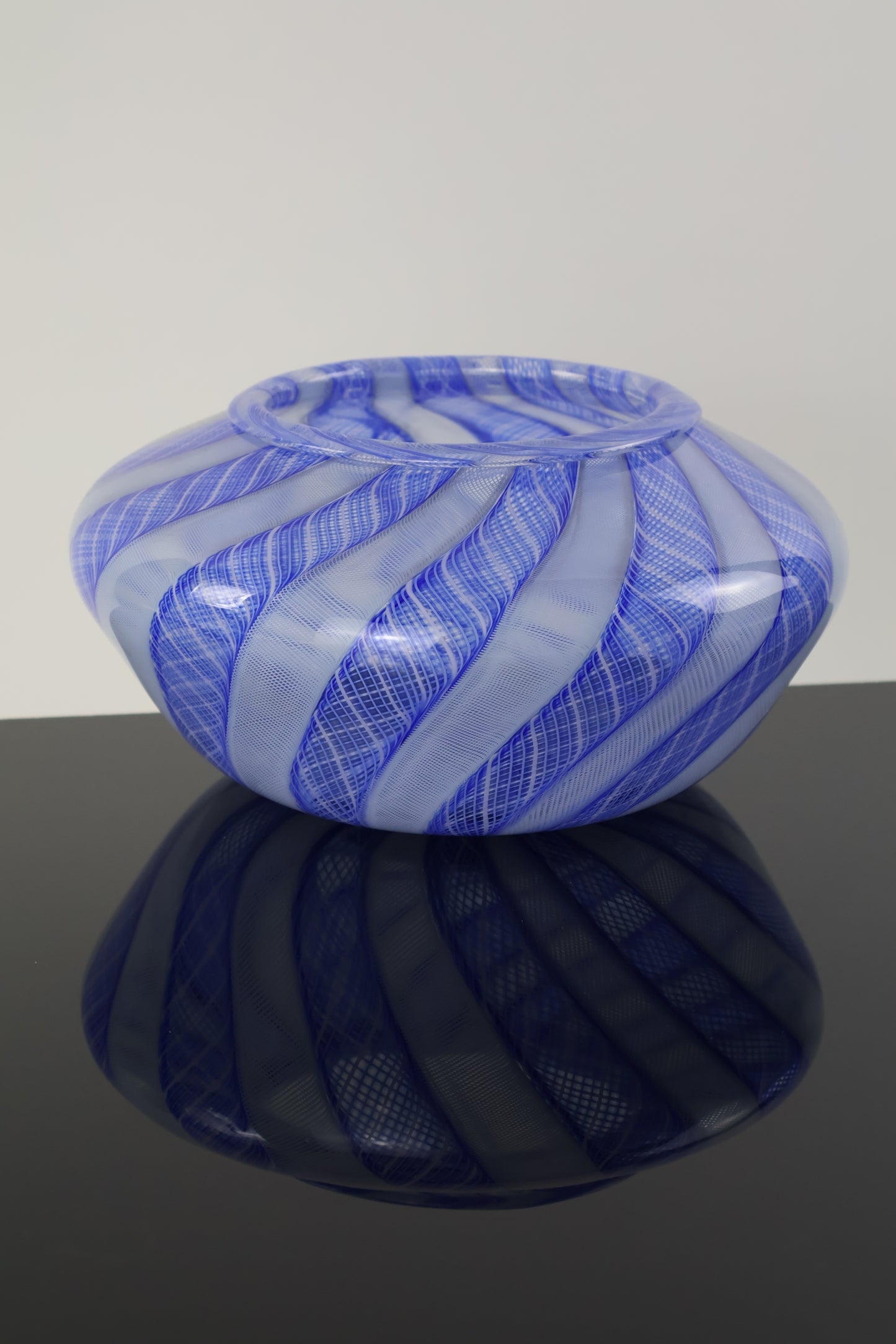 Handblown Blue and White Zanfirico Cane Basket Vase