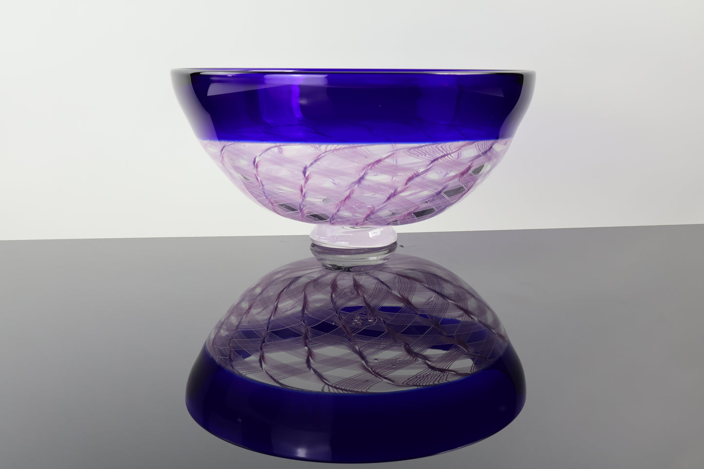 Handblown Blue Encalmo Footed Bowl with Pink Ribbon Canes