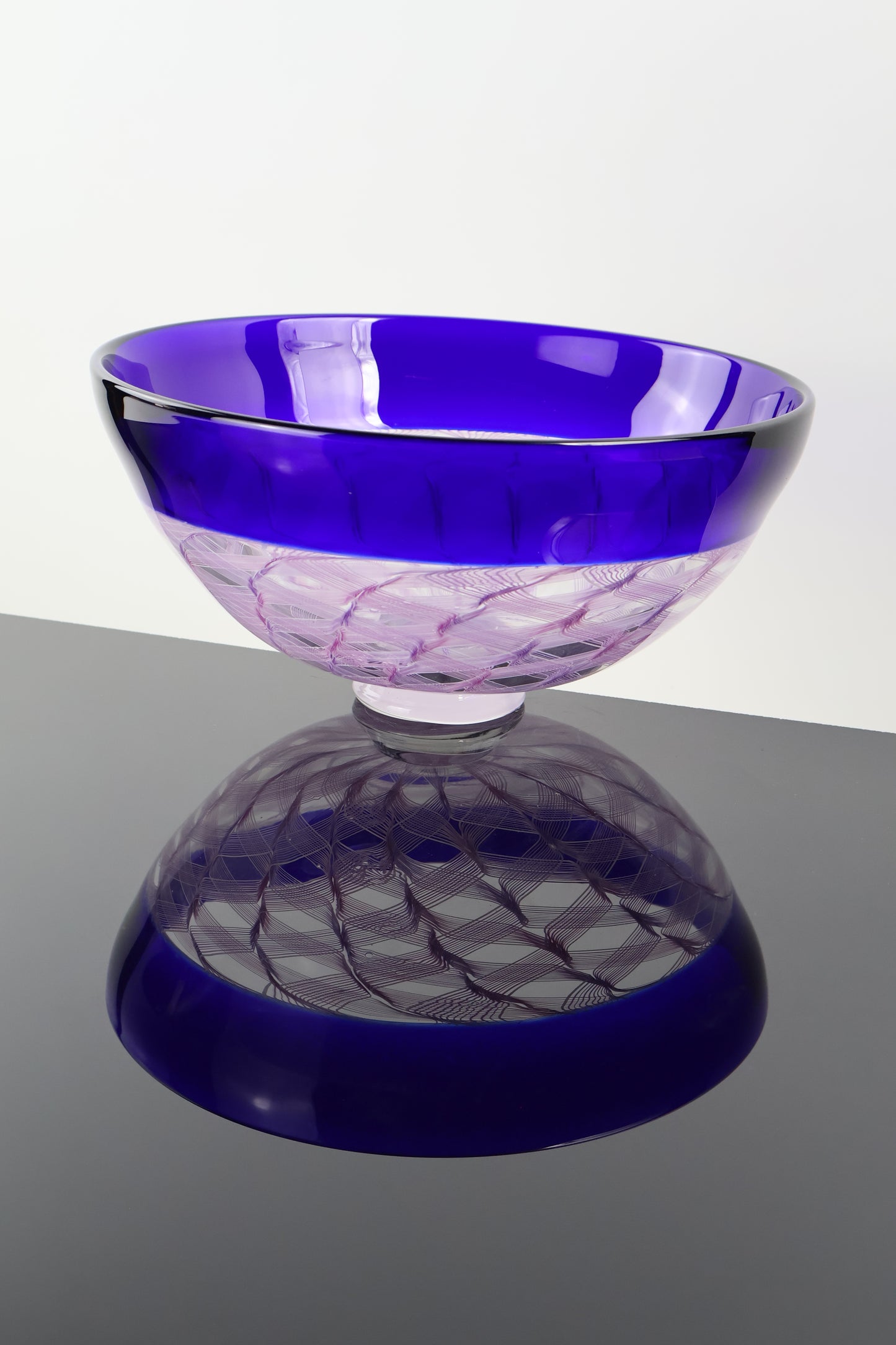 Handblown Blue Encalmo Footed Bowl with Pink Ribbon Canes