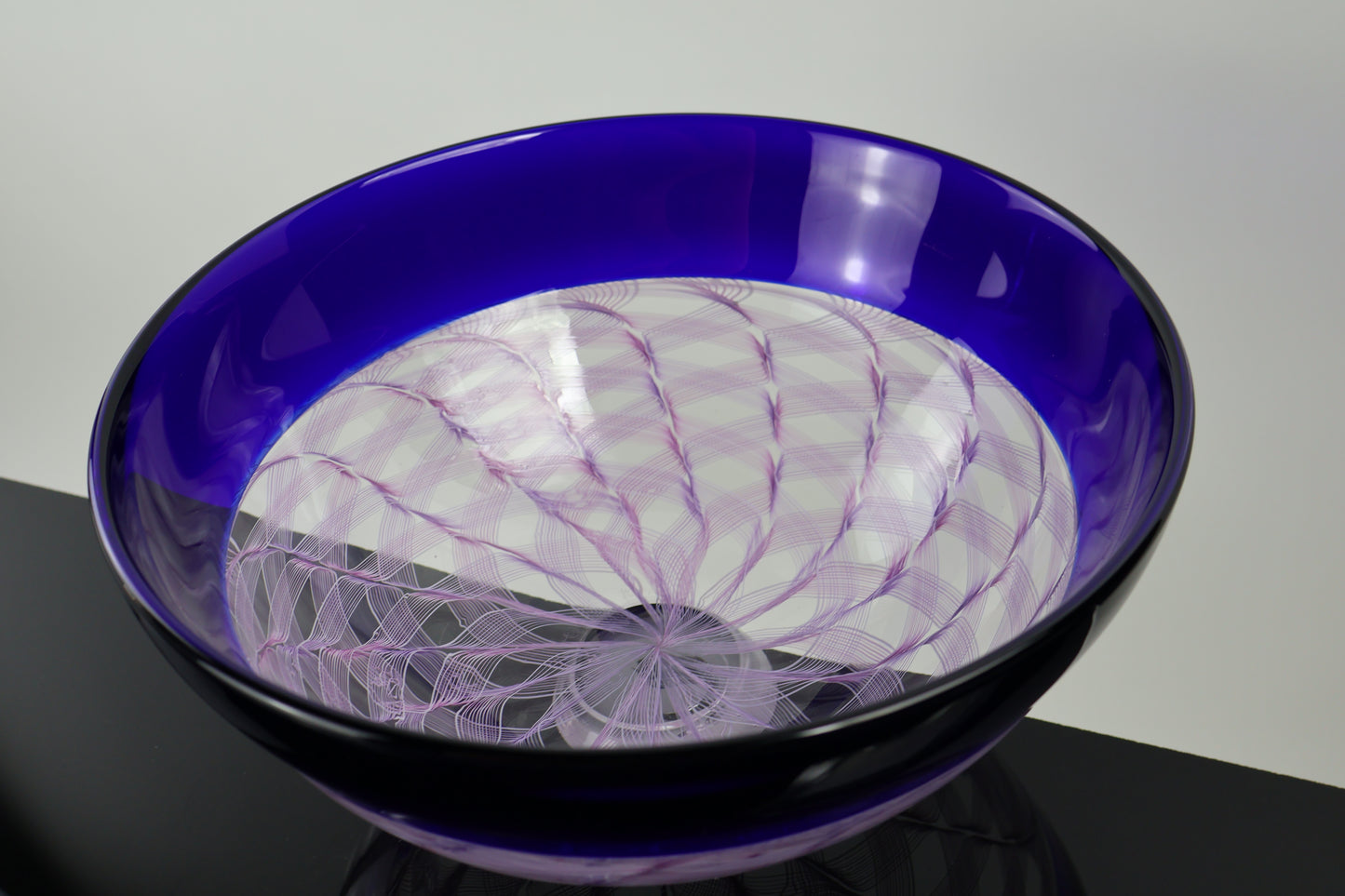 Handblown Blue Encalmo Footed Bowl with Pink Ribbon Canes